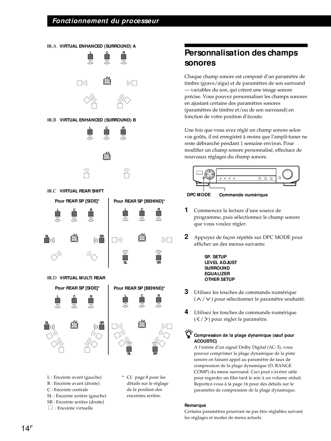 Sony SDP-E800 operating instructions Personnalisation des champs sonores, 14F, Pour Rear SP Side Pour Rear SP Behind 