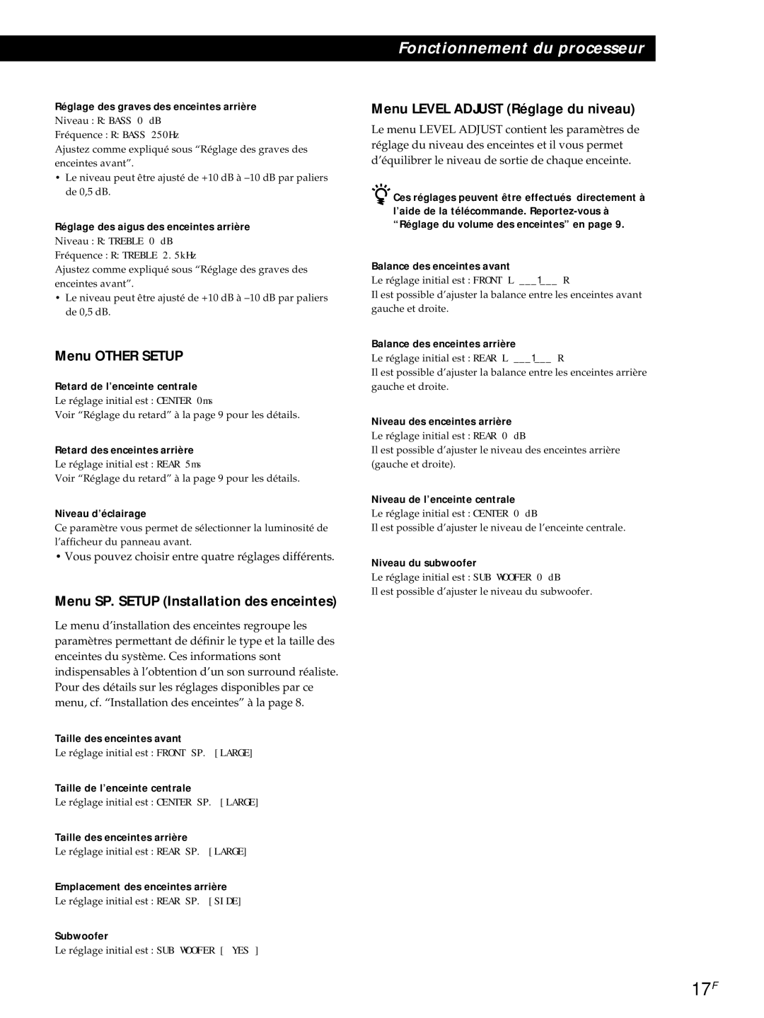 Sony SDP-E800 operating instructions 17F, Menu Level Adjust Réglage du niveau, Menu Other Setup 