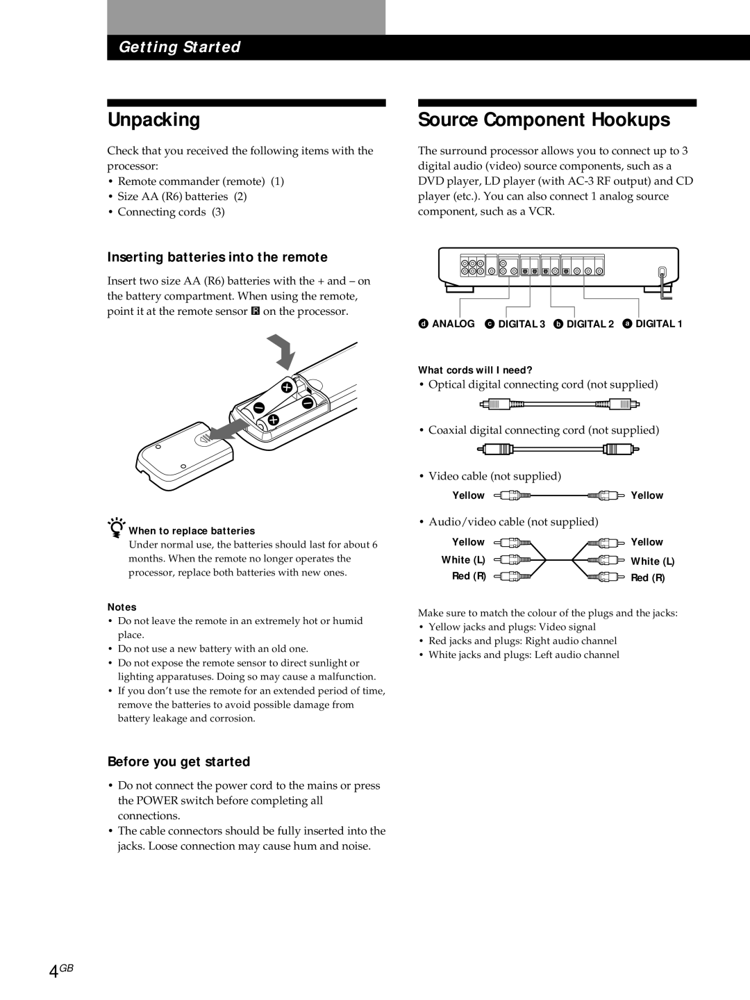 Sony SDP-E800 Unpacking, Source Component Hookups, Inserting batteries into the remote, Before you get started 