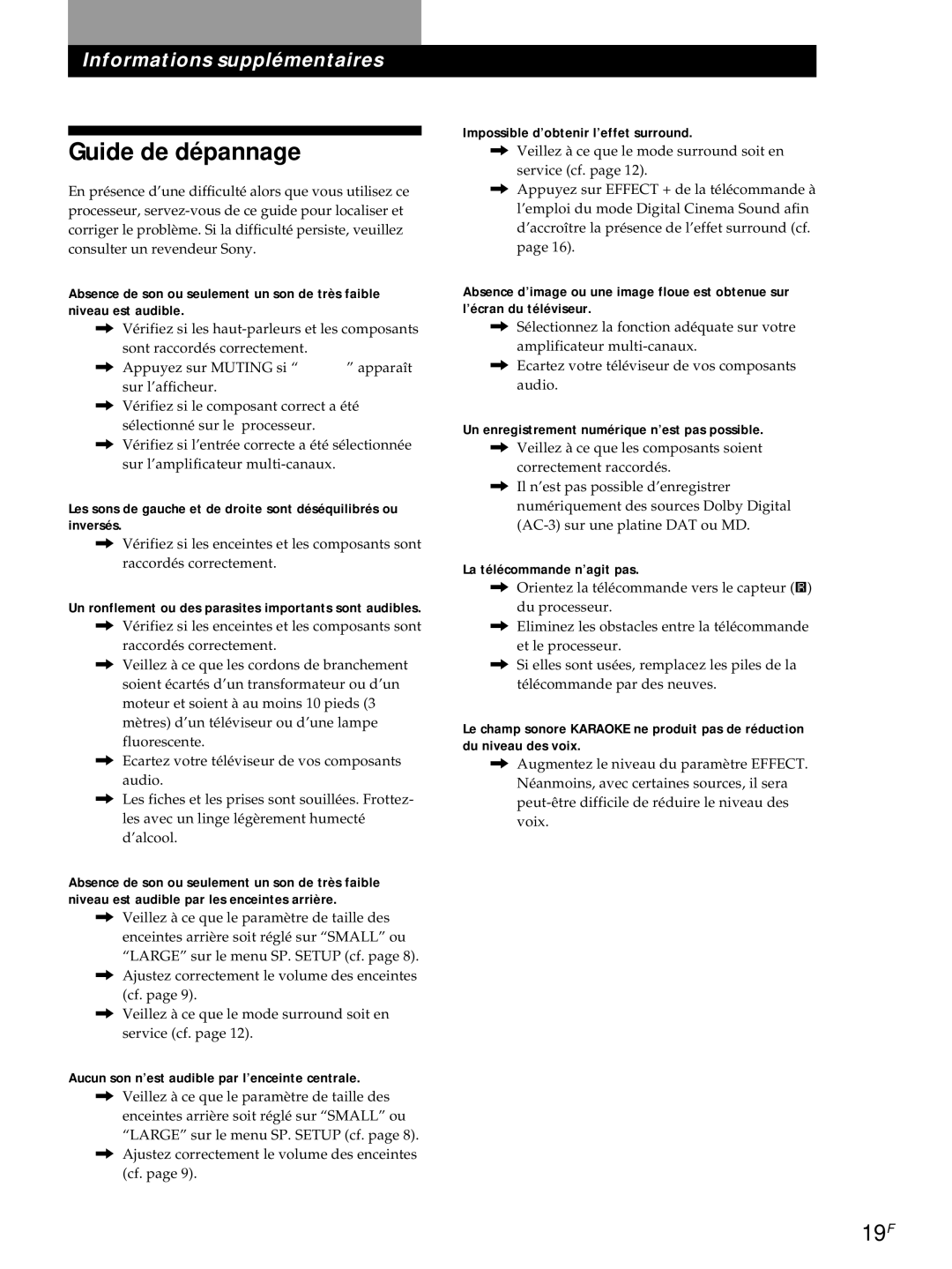 Sony SDP-E800 operating instructions Guide de dépannage, 19F 