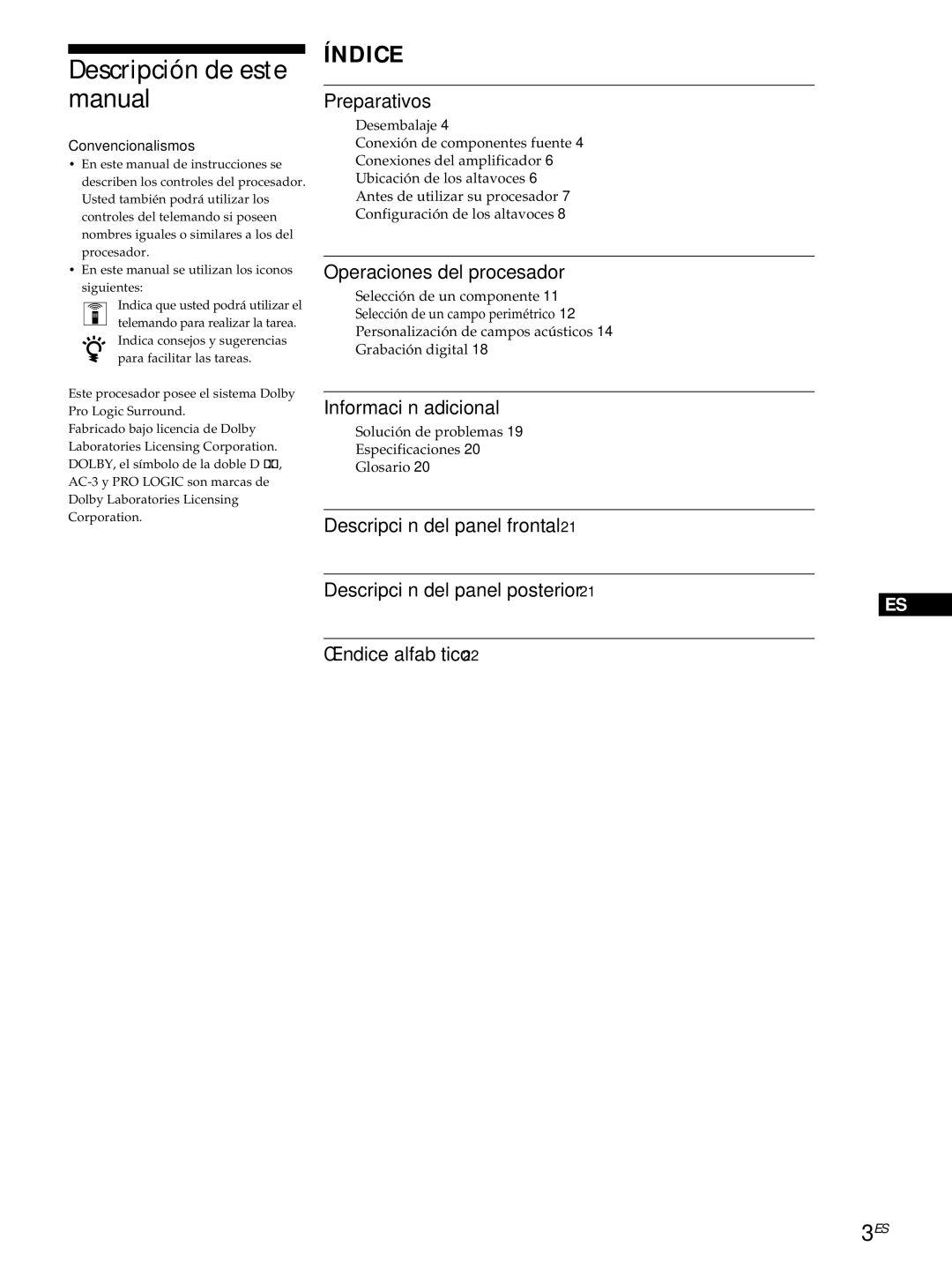 Sony SDP-E800 Descripción de este manual, Preparativos, Operaciones del procesador, Información adicional 