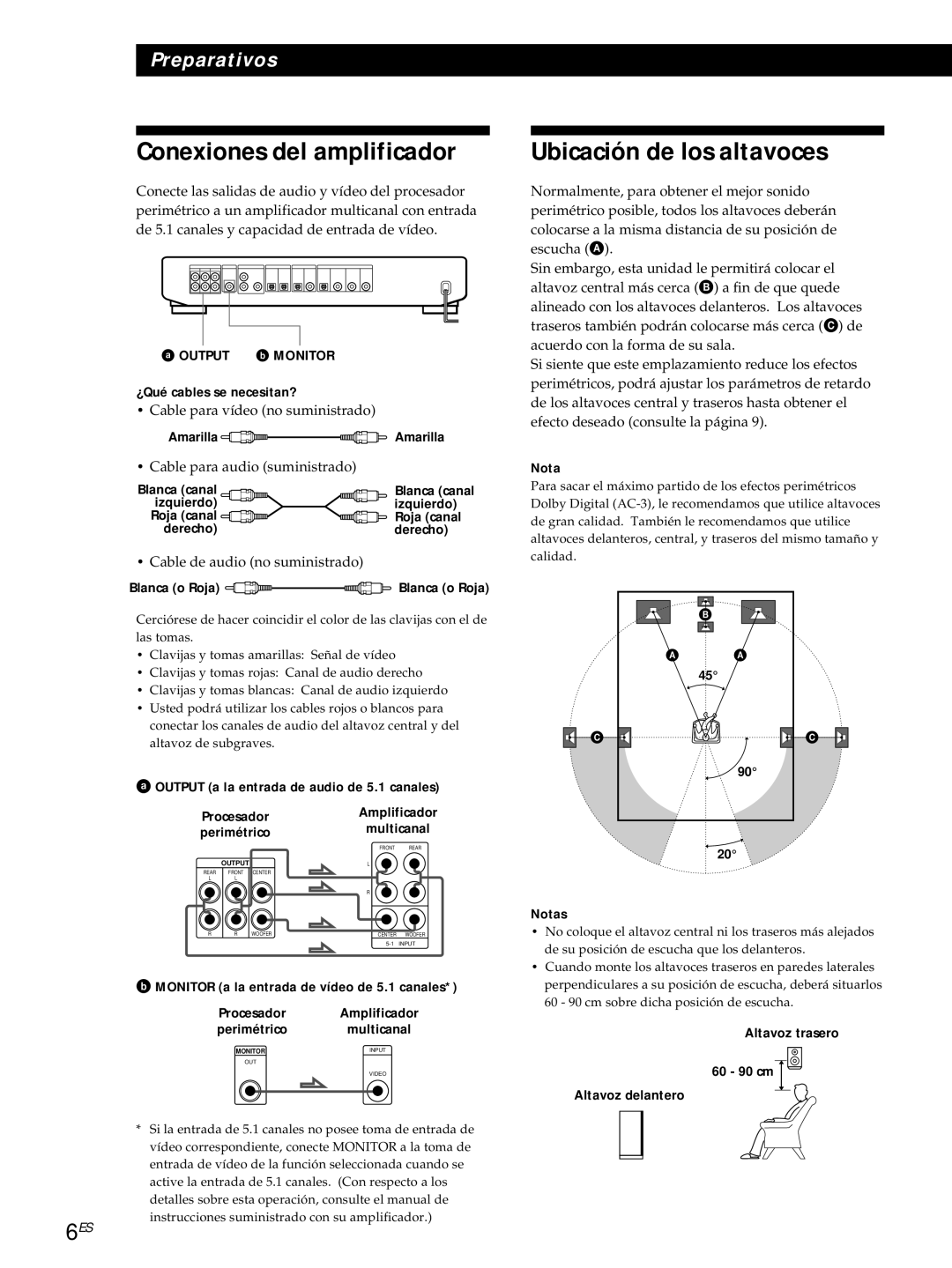 Sony SDP-E800 Conexiones del amplificador, Ubicación de los altavoces, Output a la entrada de audio de 5.1 canales 