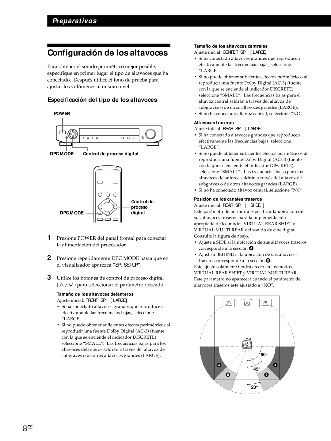 Sony SDP-E800 operating instructions Configuración de los altavoces, Especificación del tipo de los altavoces 