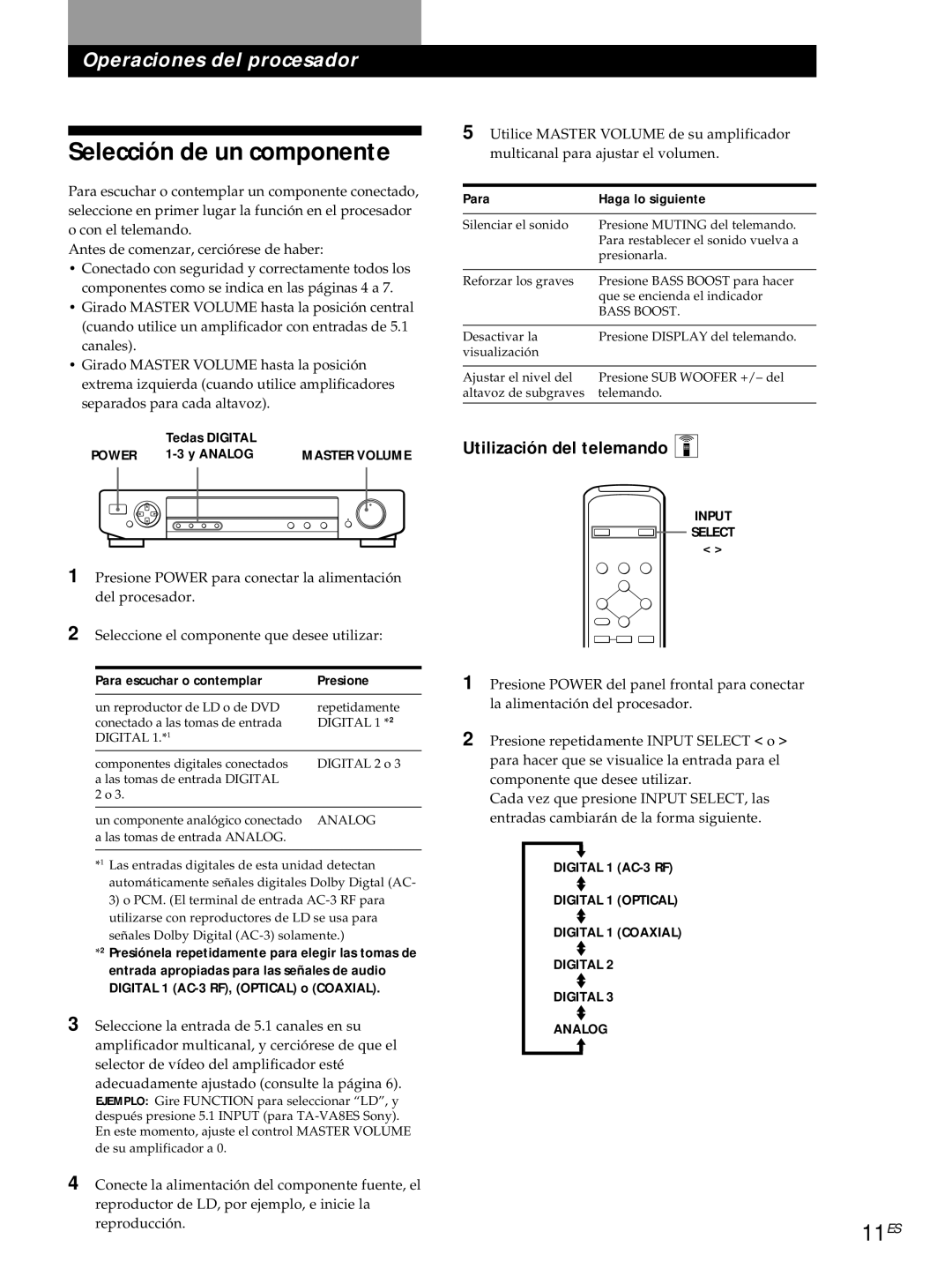 Sony SDP-E800 Selección de un componente, 11ES, Utilización del telemando Z, Para escuchar o contemplar Presione 