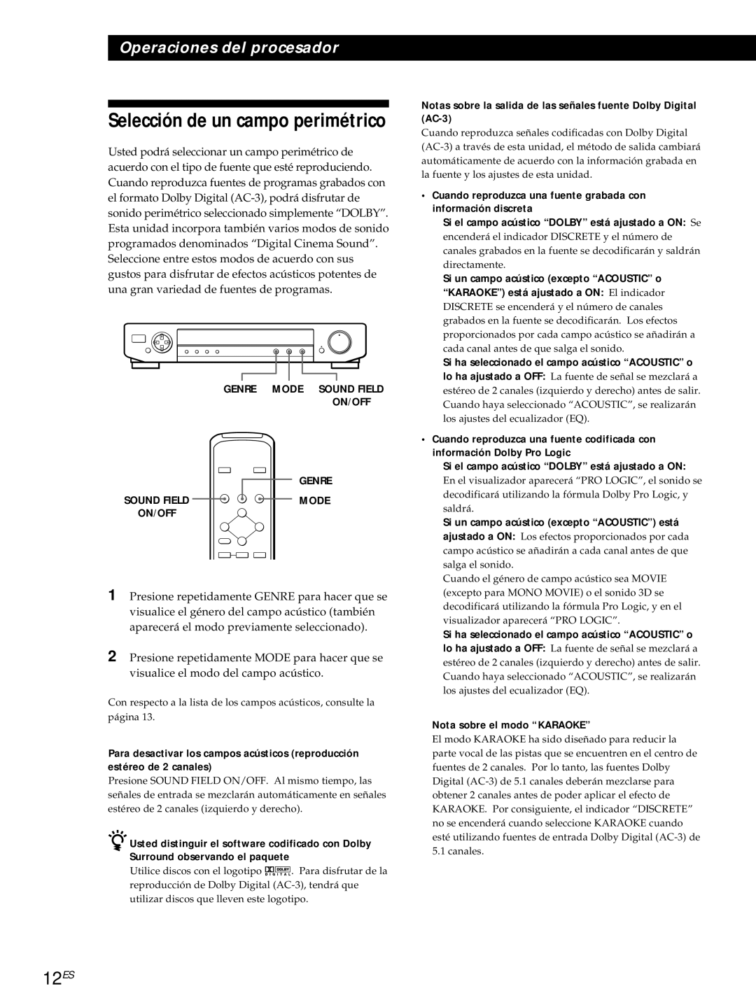 Sony SDP-E800 operating instructions 12ES, Nota sobre el modo Karaoke, Si el campo acústico Dolby está ajustado a on 