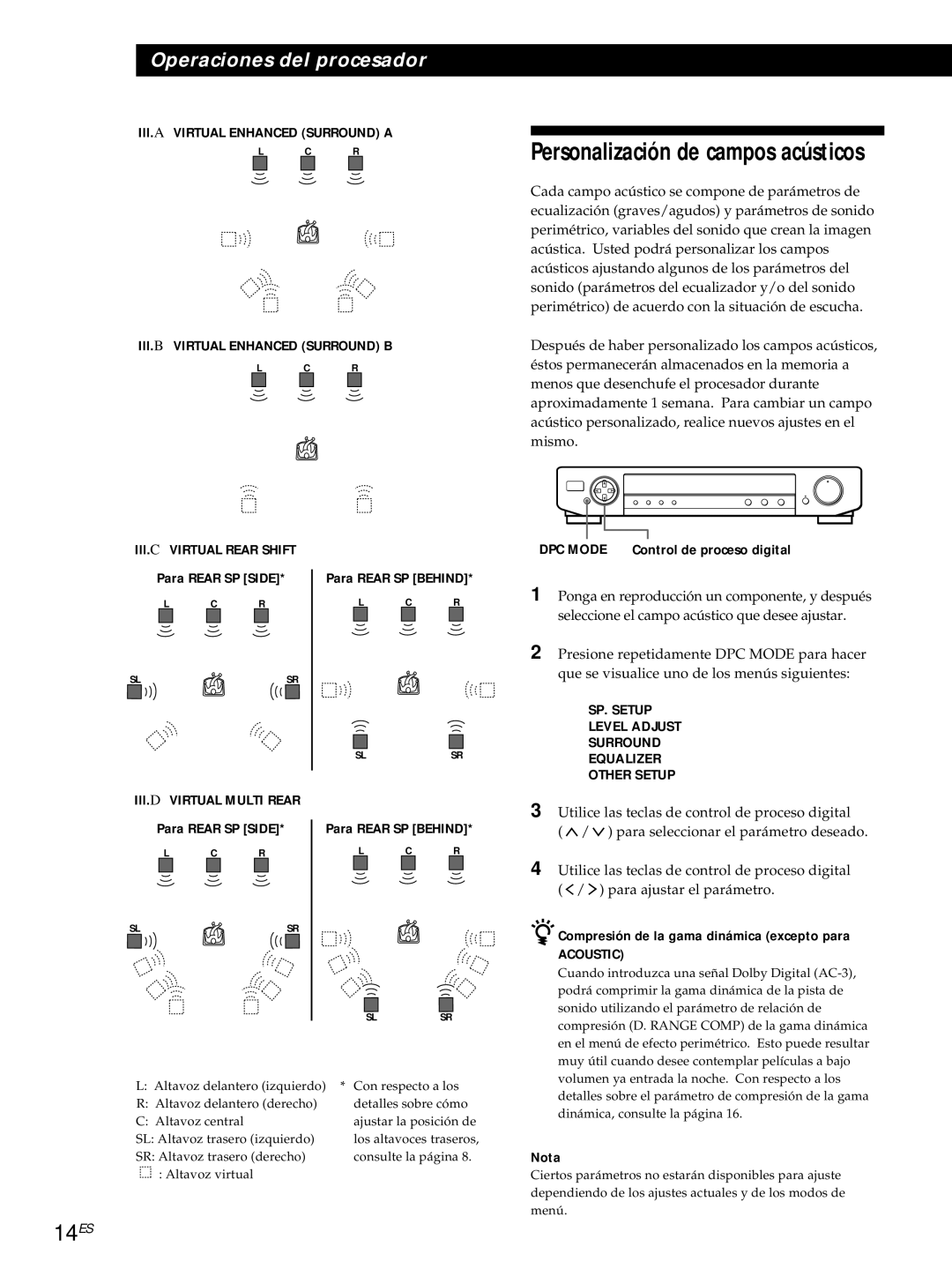 Sony SDP-E800 operating instructions 14ES, ZCompresión de la gama dinámica excepto para 