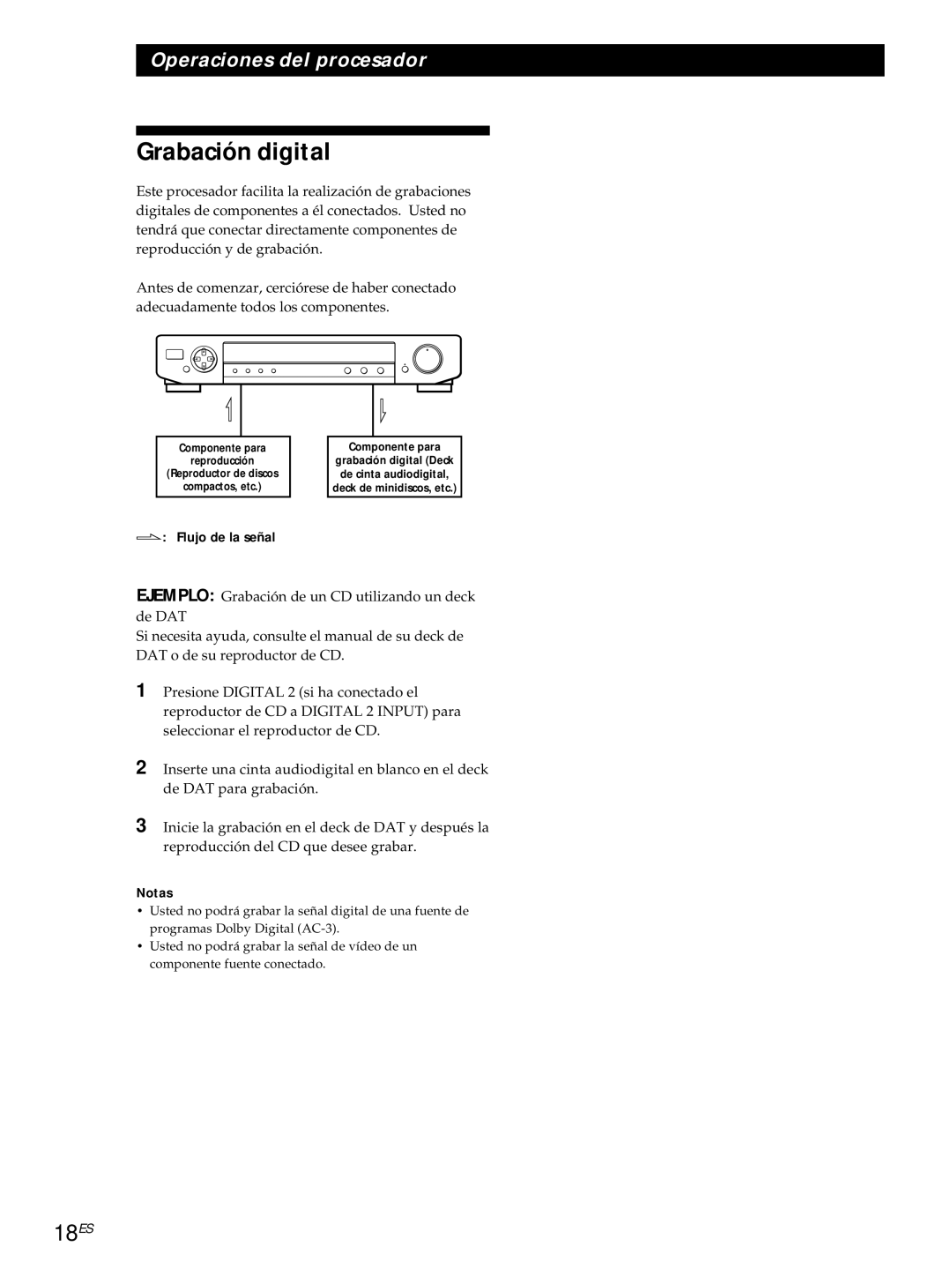 Sony SDP-E800 operating instructions Grabación digital, 18ES, Flujo de la señal 