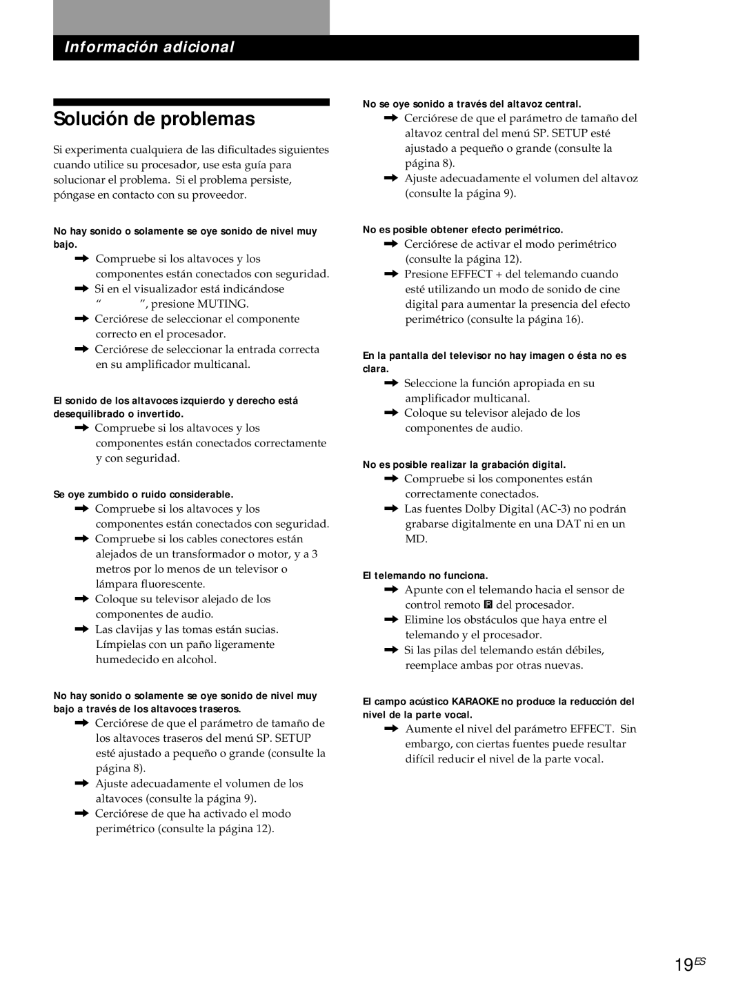 Sony SDP-E800 operating instructions Solución de problemas, 19ES 