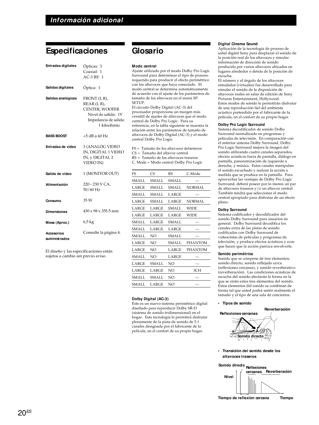 Sony SDP-E800 operating instructions Especificaciones Glosario, 20ES, Modo central, Sonido perimétrico, Tipos de sonido 