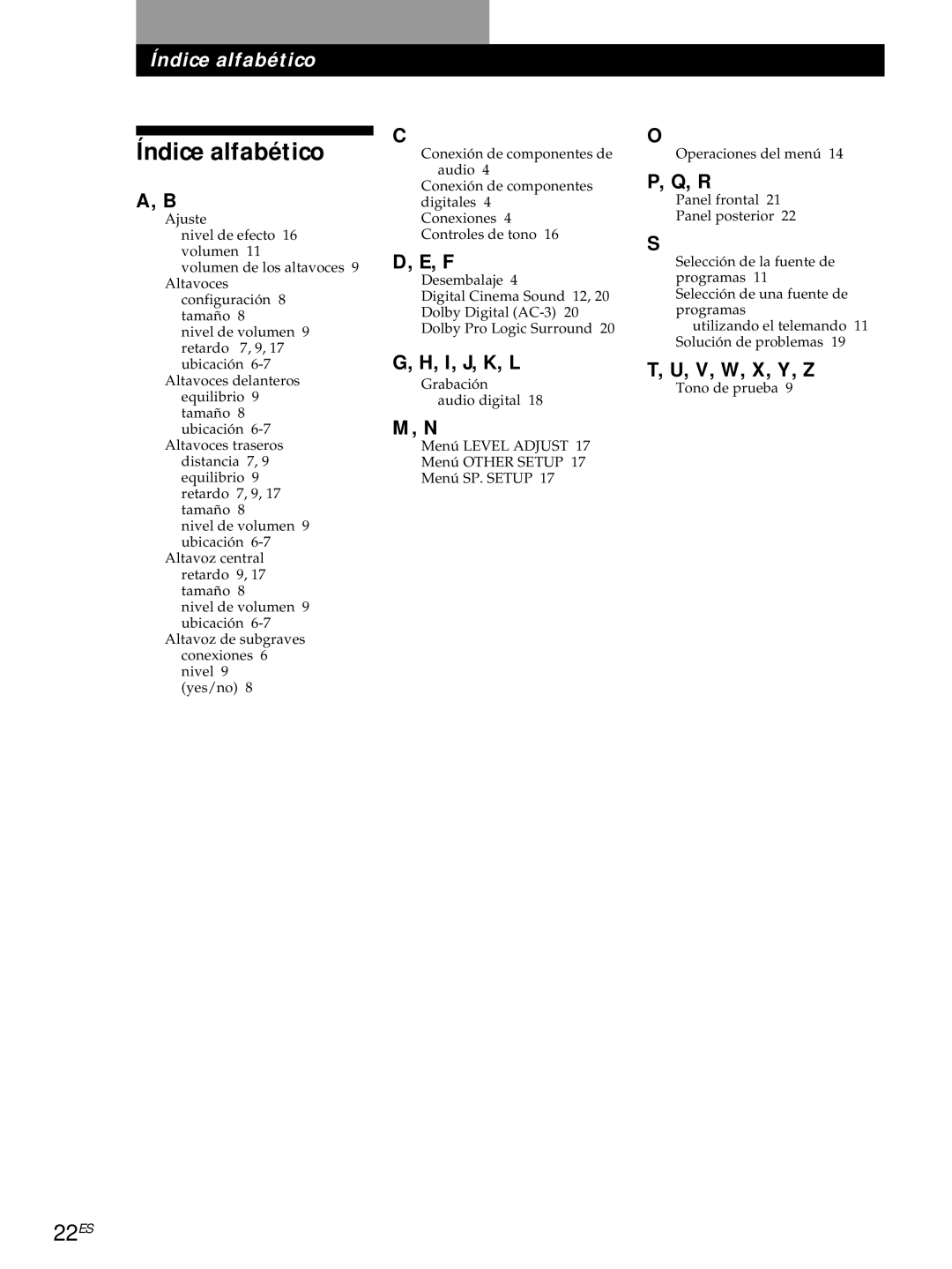 Sony SDP-E800 operating instructions Índice alfabético, 22ES, I, J, K, L 