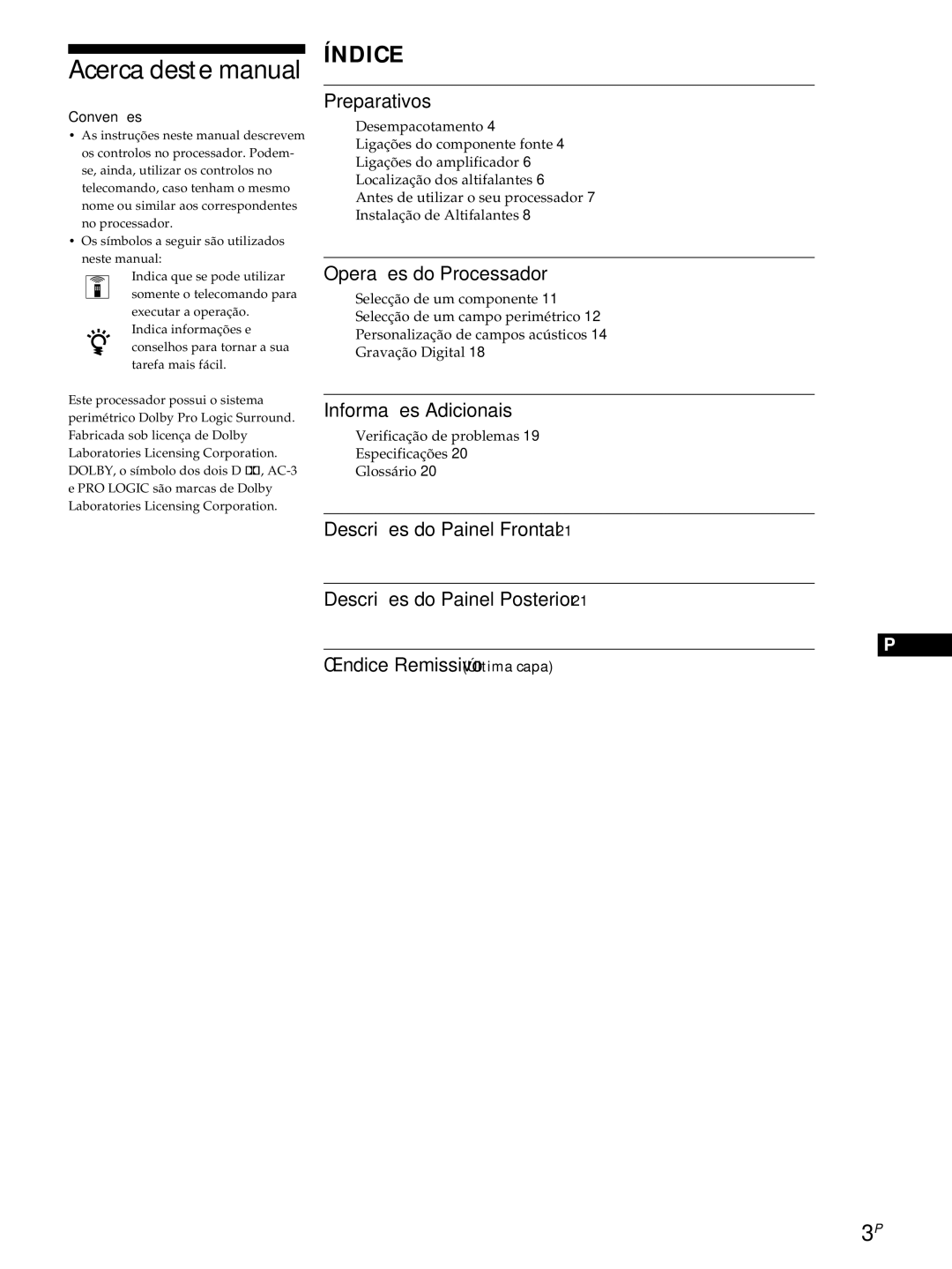 Sony SDP-E800 operating instructions Acerca deste manual, Operações do Processador, Informações Adicionais, Convenções 