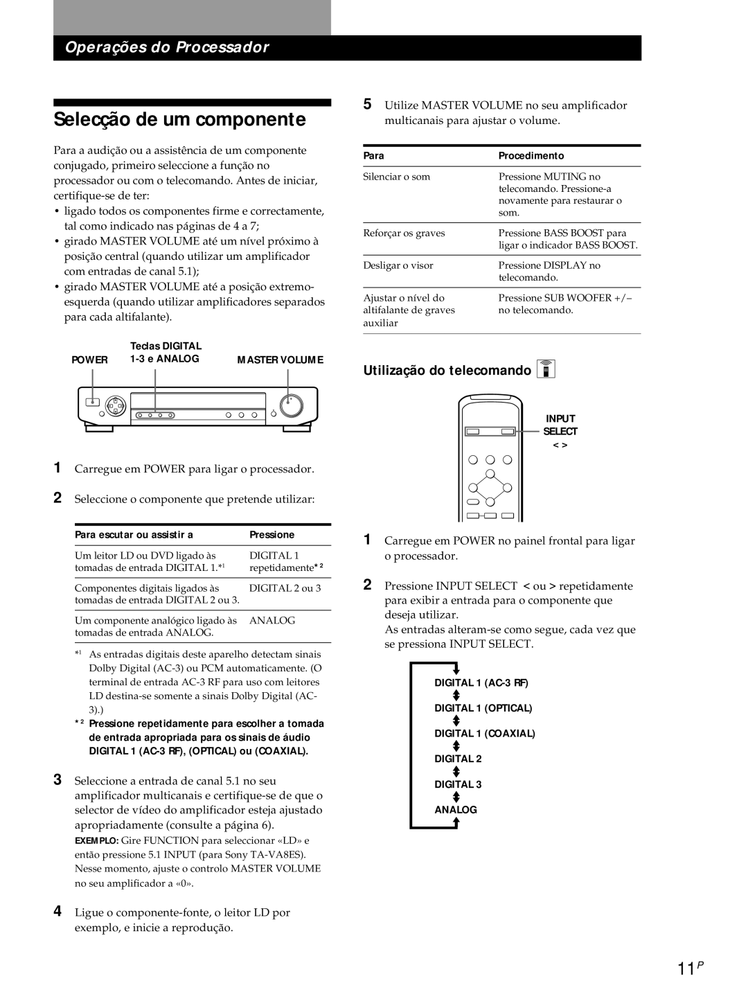 Sony SDP-E800 Selecção de um componente, 11P, Utilização do telecomando Z, Para escutar ou assistir a Pressione 