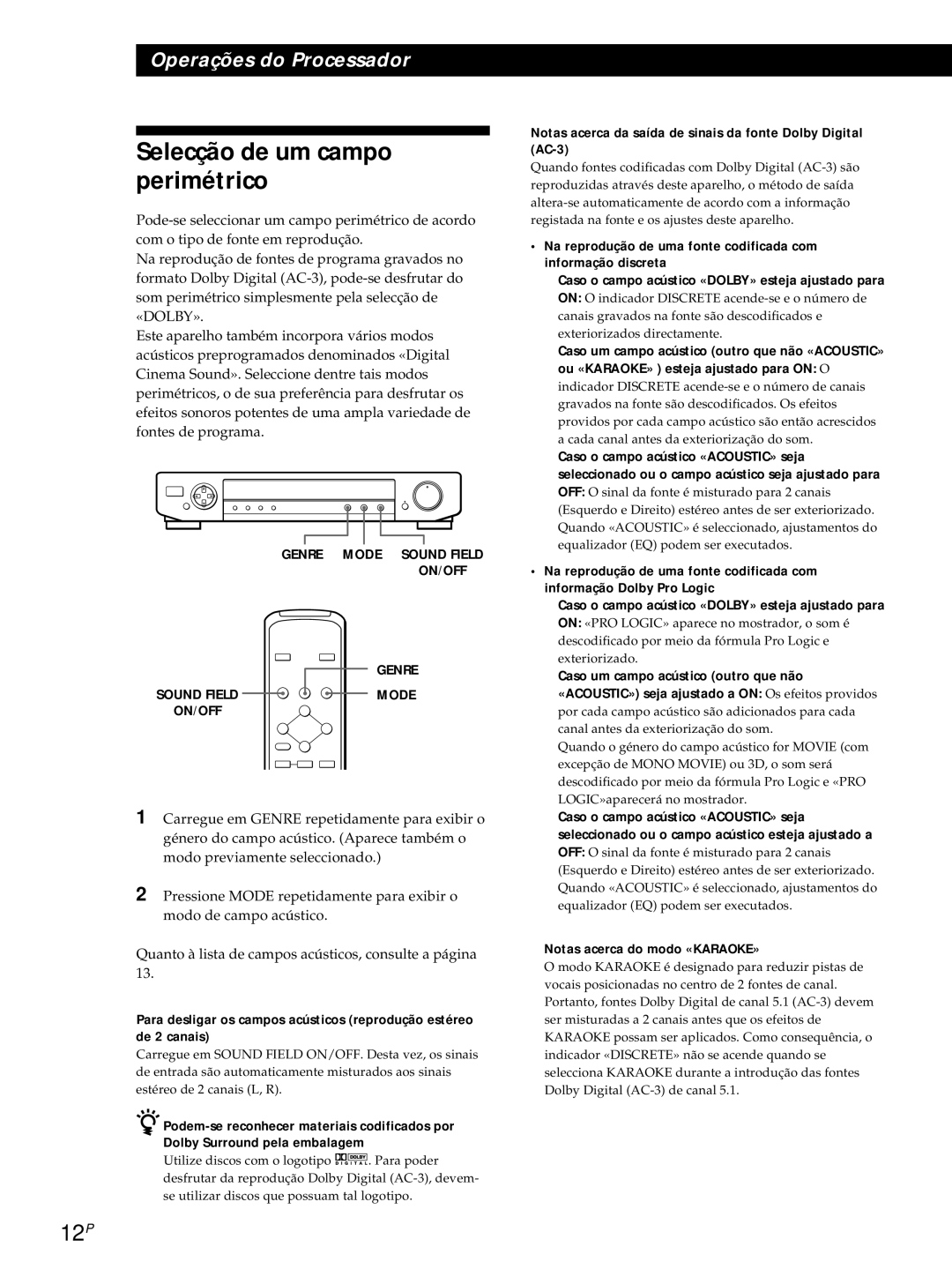 Sony SDP-E800 Selecção de um campo perimétrico, 12P, Notas acerca da saída de sinais da fonte Dolby Digital AC-3 