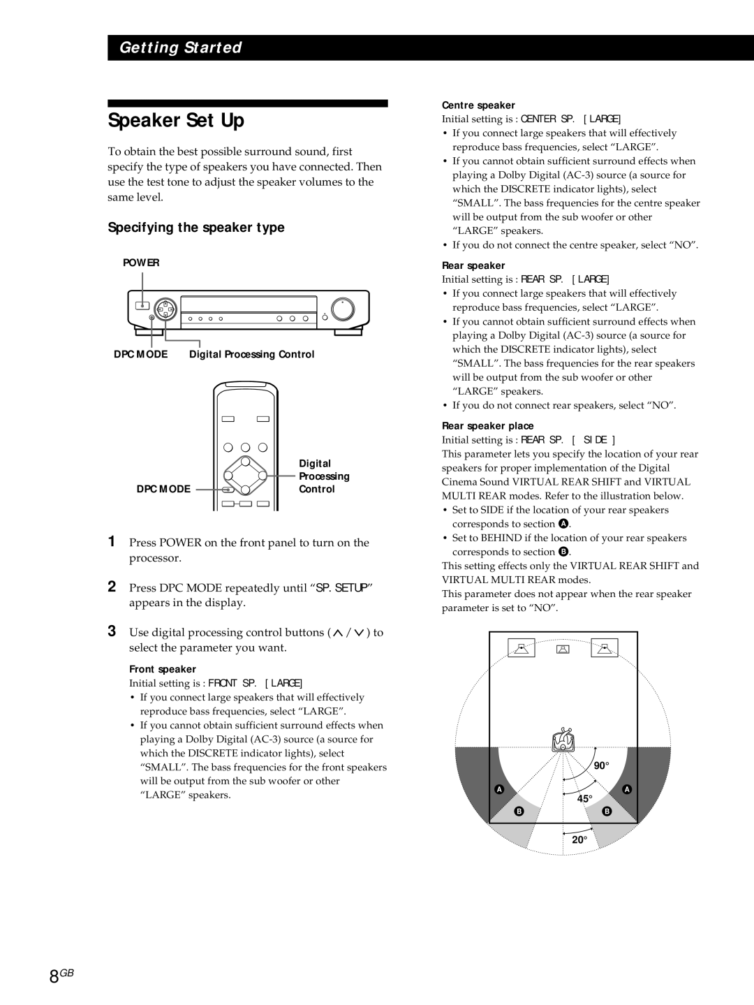 Sony SDP-E800 operating instructions Speaker Set Up, Specifying the speaker type 