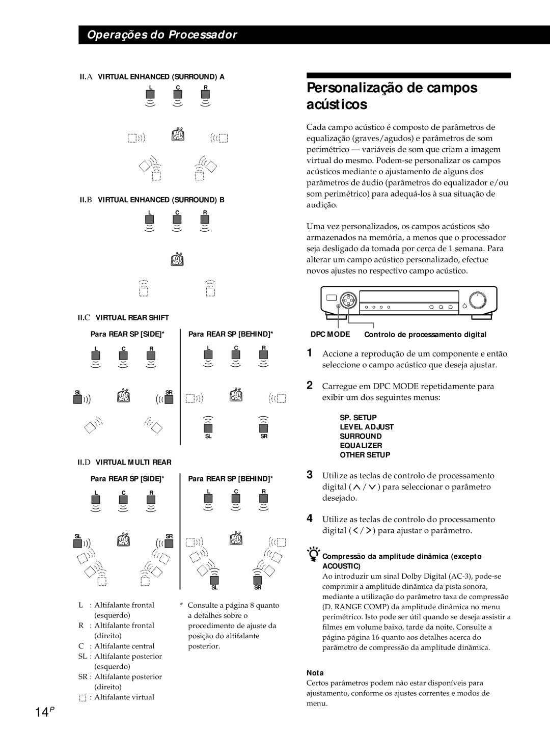 Sony SDP-E800 operating instructions Personalização de campos acústicos, 14P, ZCompressão da amplitude dinâmica excepto 