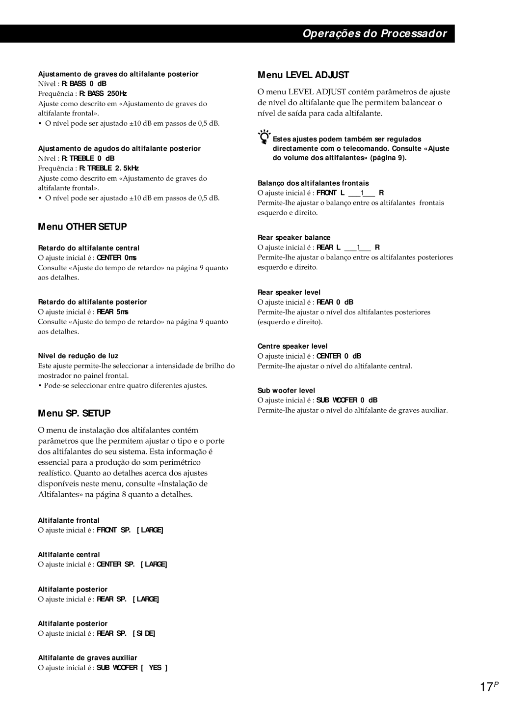 Sony SDP-E800 operating instructions 17P, Menu SP. Setup, Menu Level Adjust 