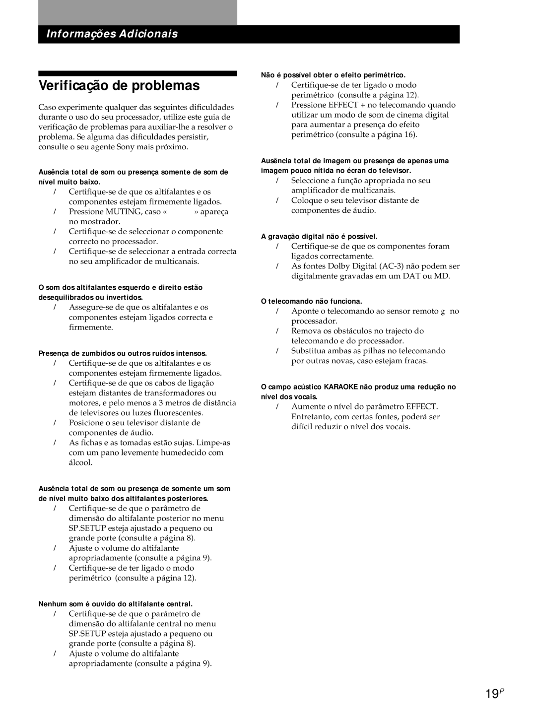 Sony SDP-E800 operating instructions Verificação de problemas, 19P 