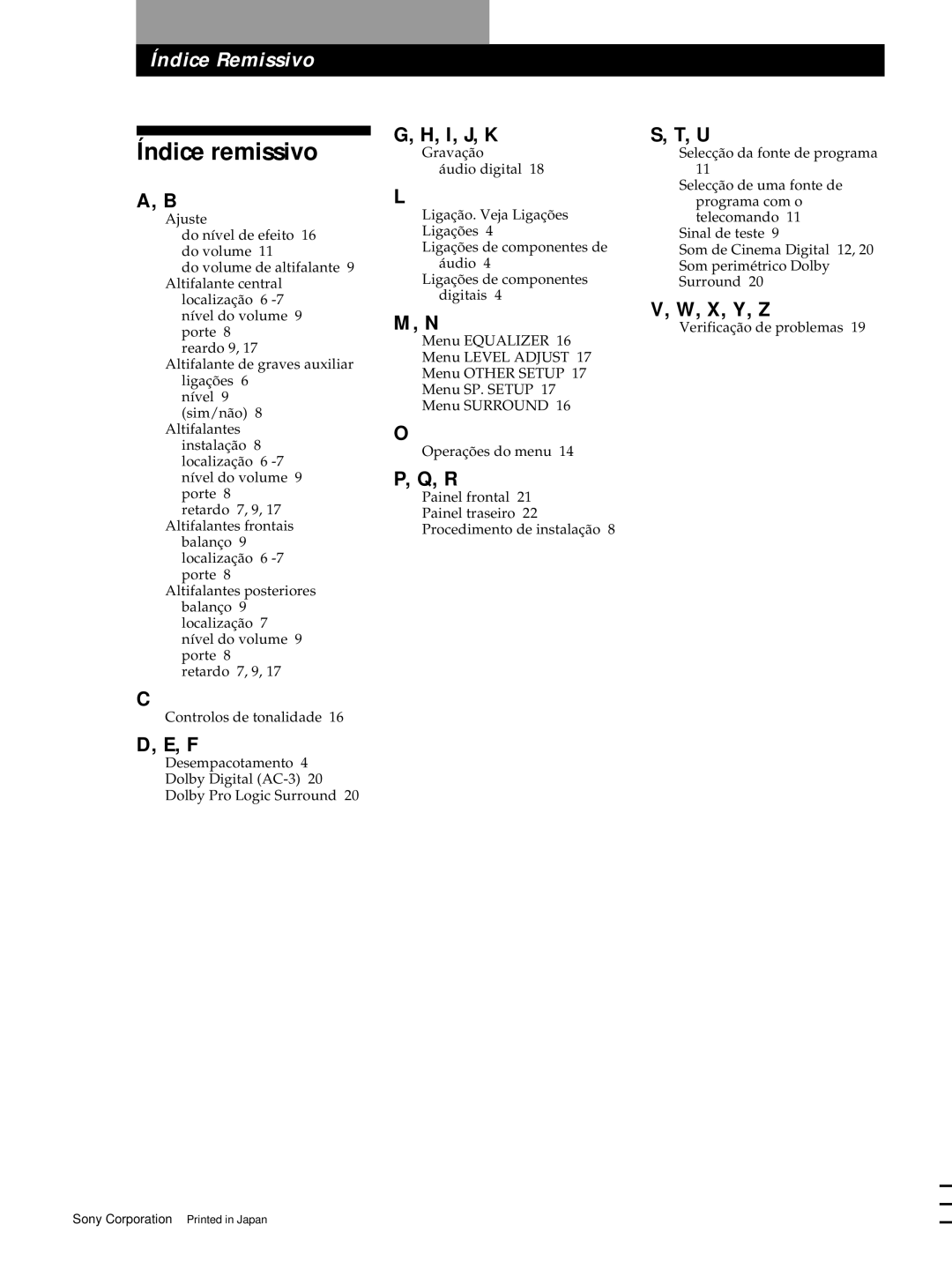 Sony SDP-E800 operating instructions Índice remissivo, 22P, I, J, K, X, Y, Z 