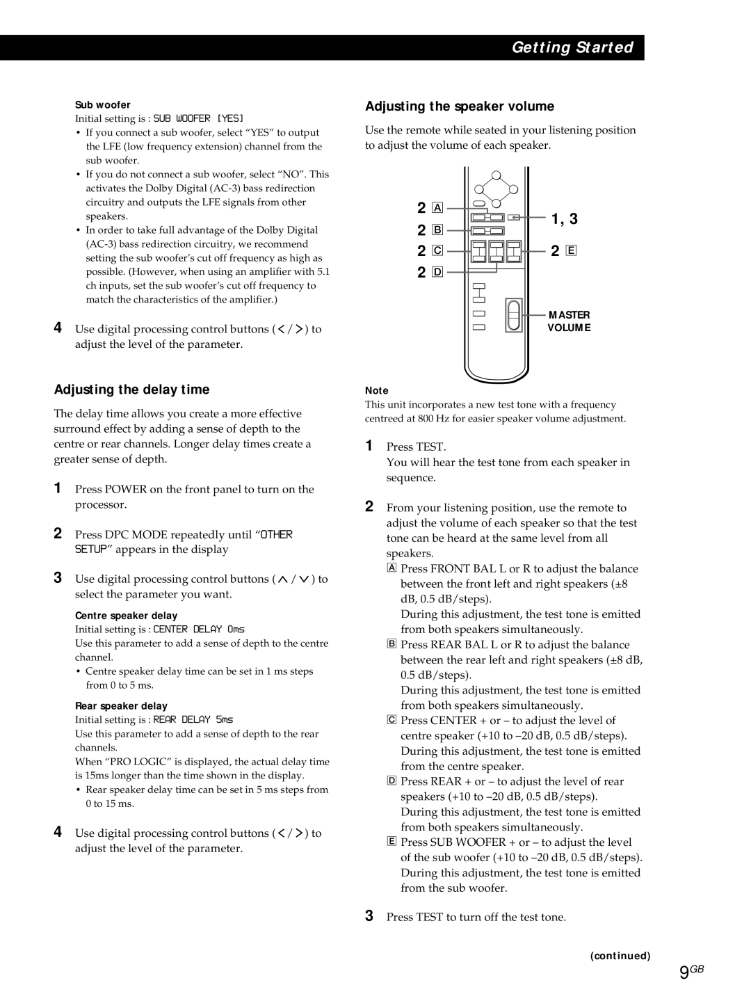 Sony SDP-E800 operating instructions Adjusting the delay time, Adjusting the speaker volume, 2 B 