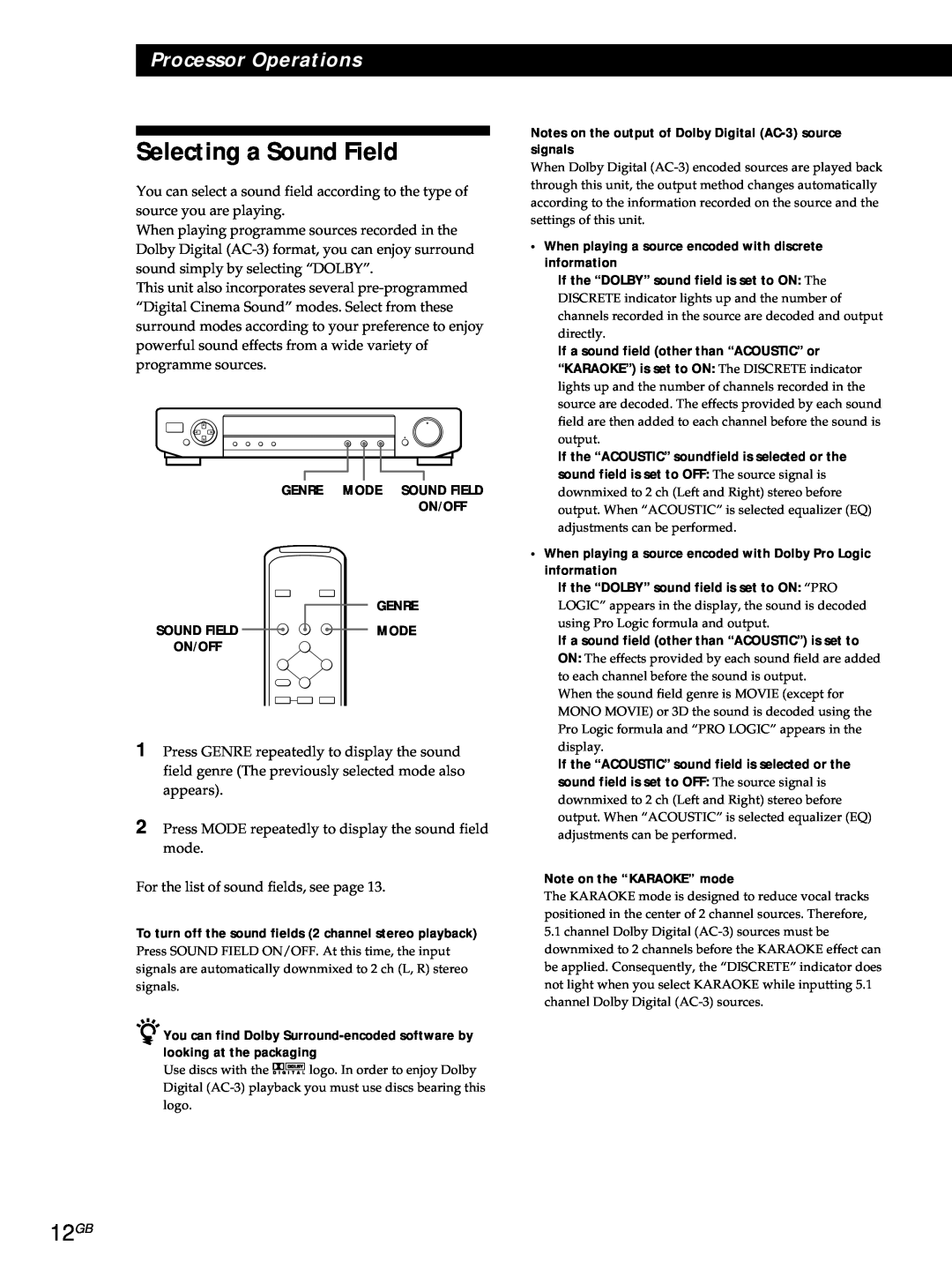 Sony SDP-E800 operating instructions Selecting a Sound Field, 12GB, Processor Operations 