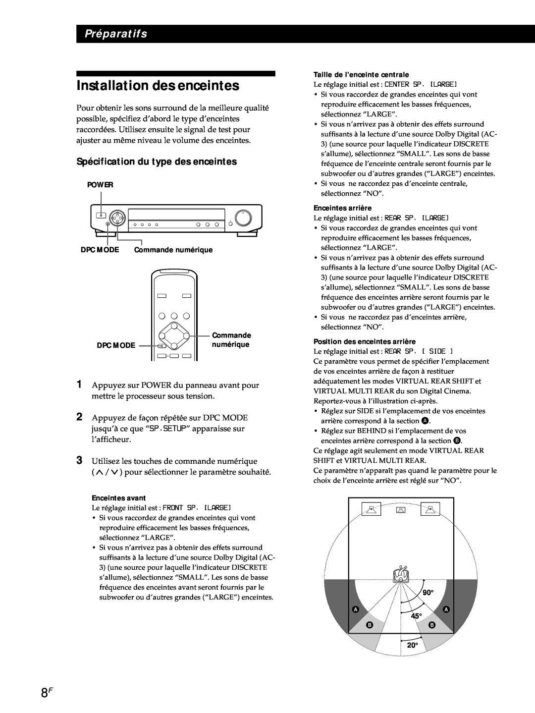 Sony SDP-E800 operating instructions Installation des enceintes, Spécification du type des enceintes, Préparatifs 