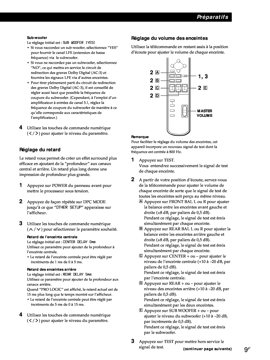 Sony SDP-E800 operating instructions Réglage du volume des enceintes, 2 A 2 B, Réglage du retard, Préparatifs 