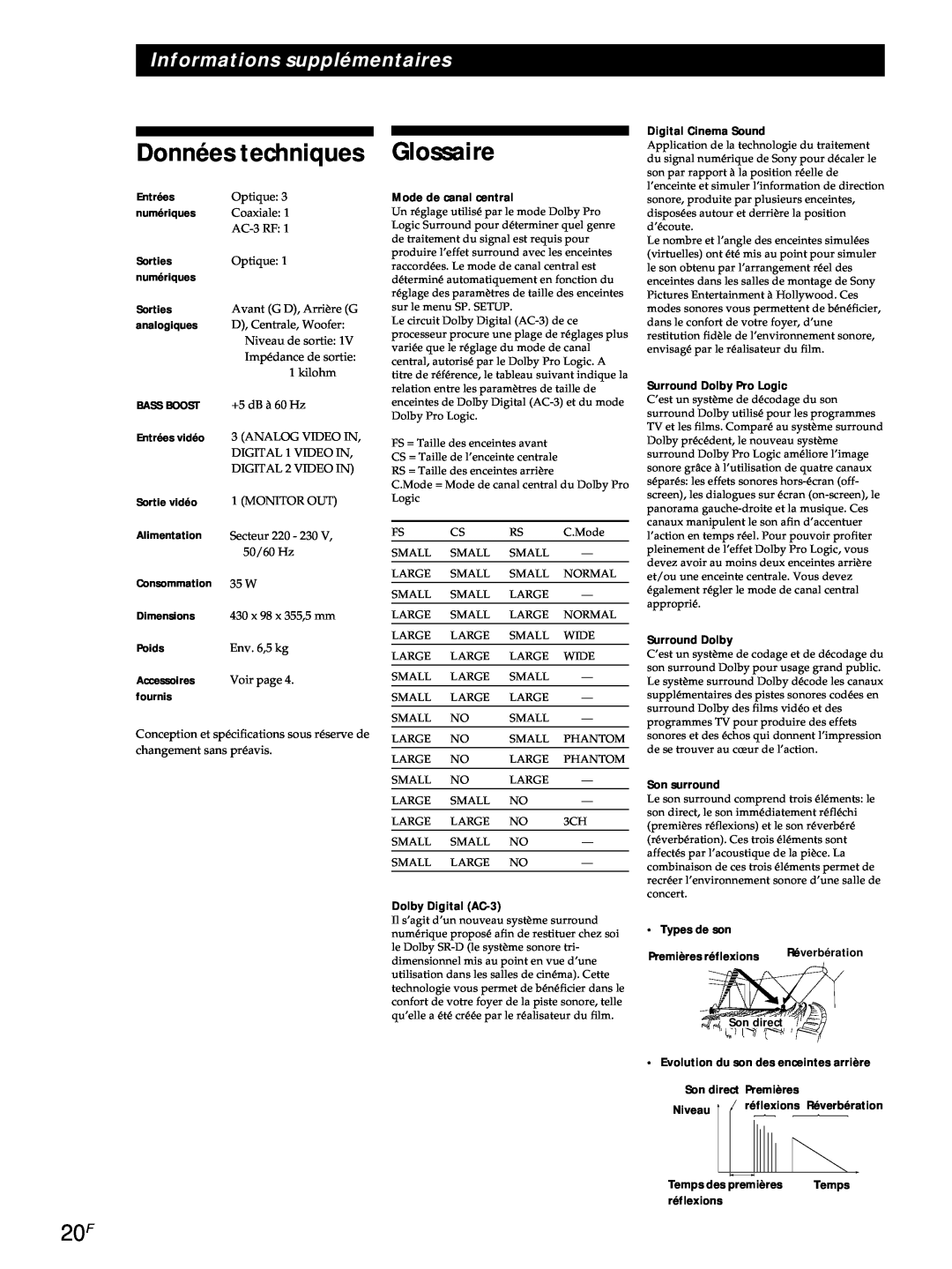 Sony SDP-E800 operating instructions Données techniques, Glossaire, Informations supplémentaires, Env. 6,5 kg, Voir page 