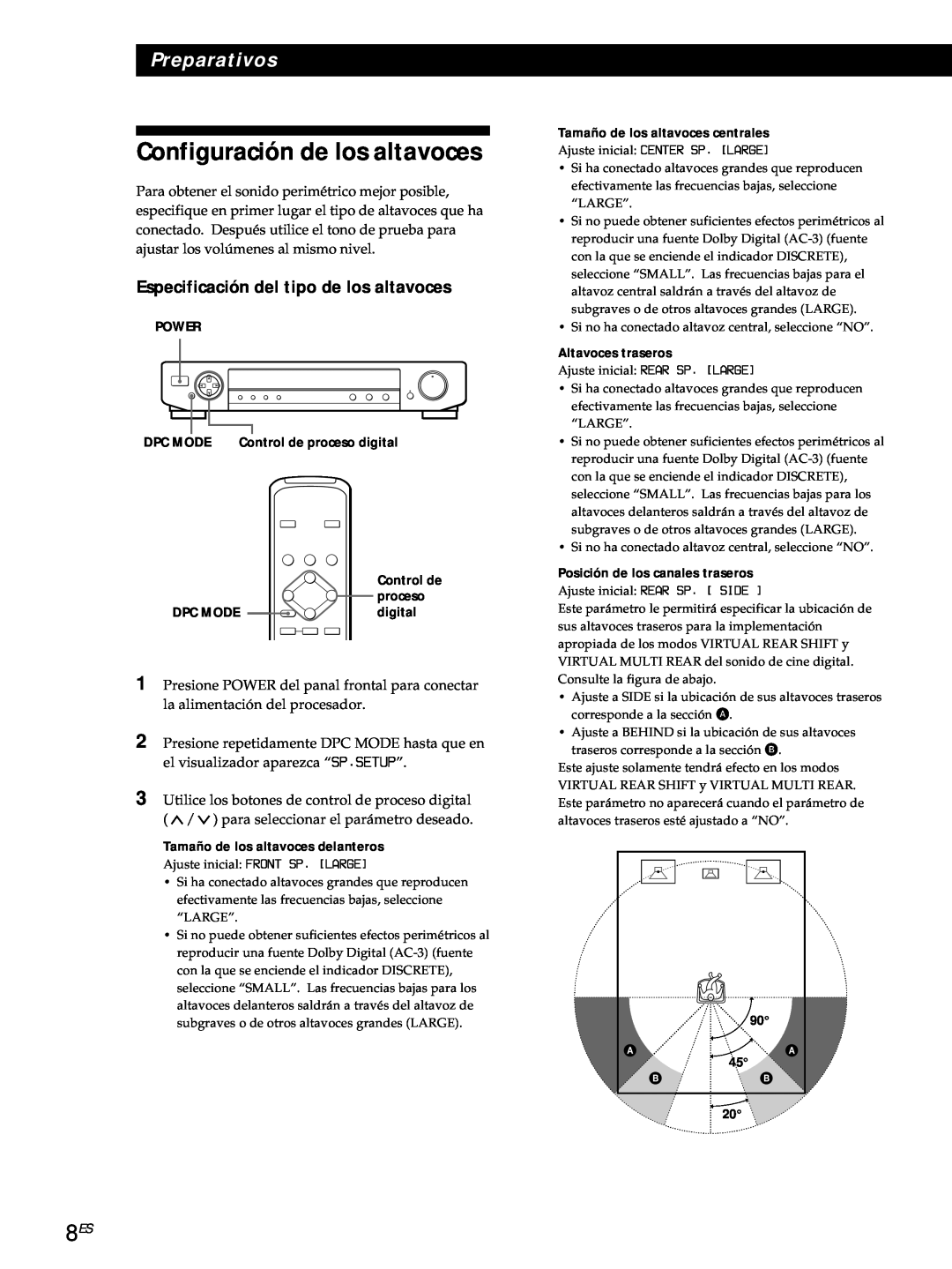 Sony SDP-E800 operating instructions Configuración de los altavoces, Especificación del tipo de los altavoces, Preparativos 