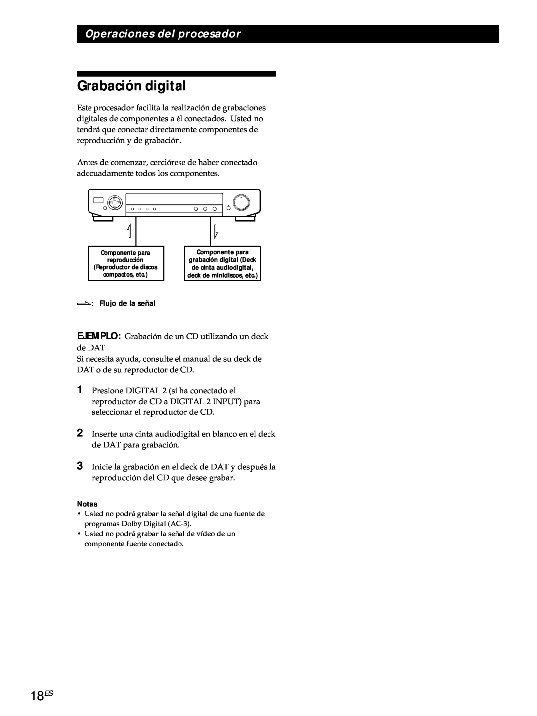 Sony SDP-E800 operating instructions Grabación digital, 18ES, Operaciones del procesador 