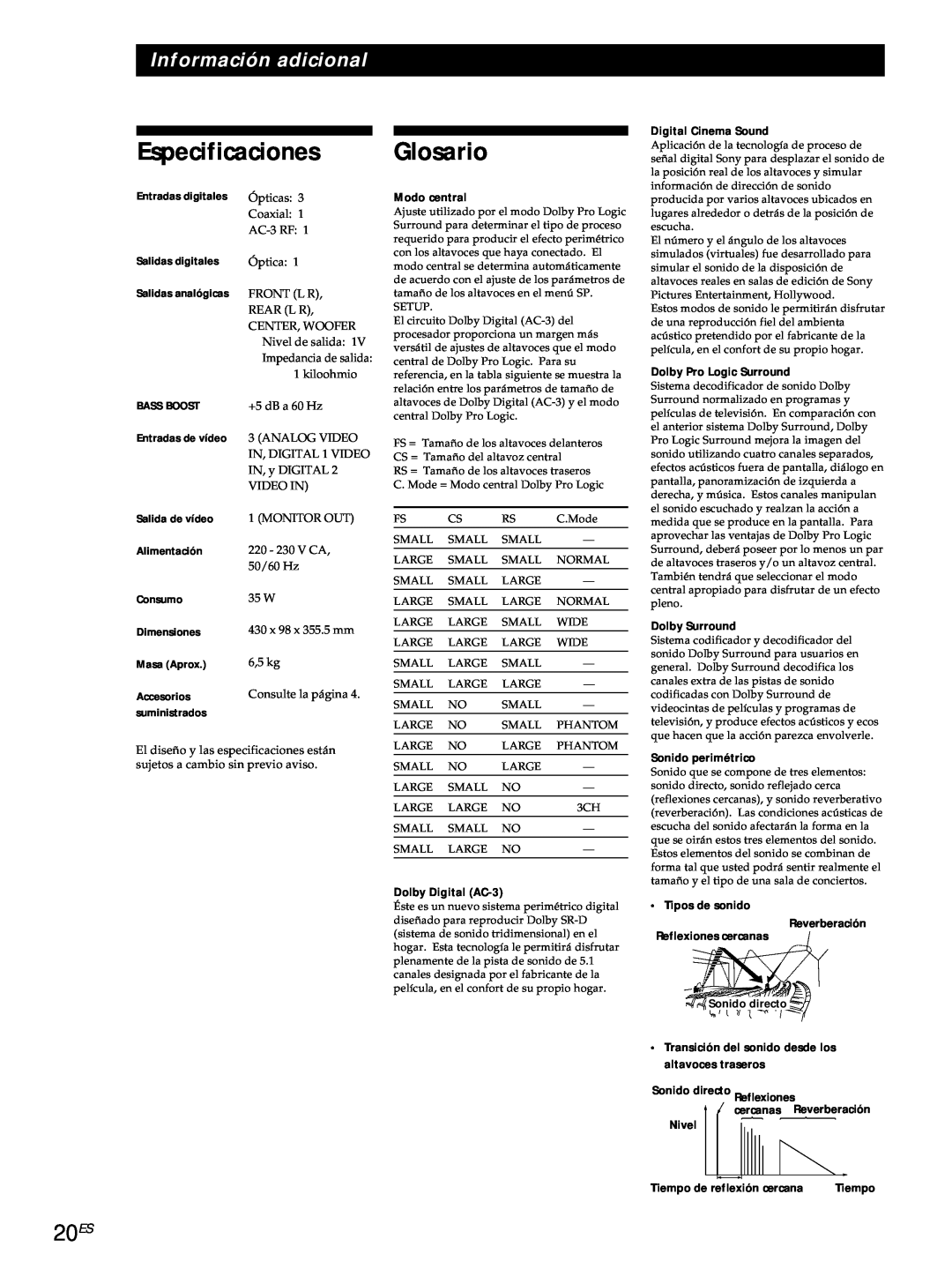 Sony SDP-E800 operating instructions Especificaciones Glosario, 20ES, Información adicional 