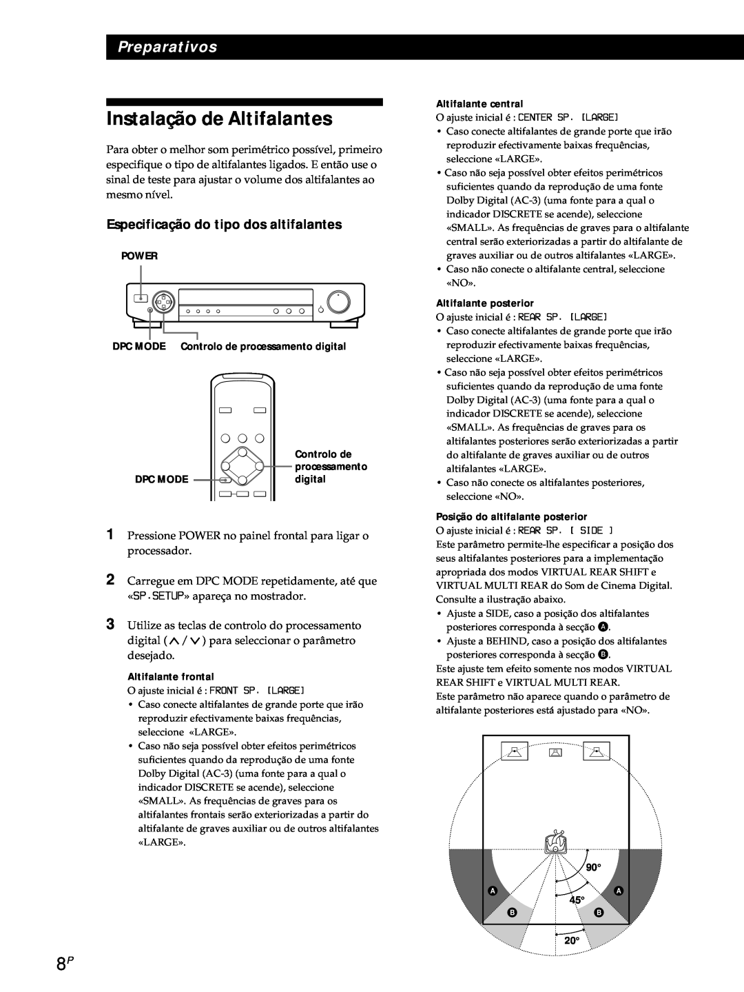 Sony SDP-E800 operating instructions Instalação de Altifalantes, Especificação do tipo dos altifalantes, Preparativos 