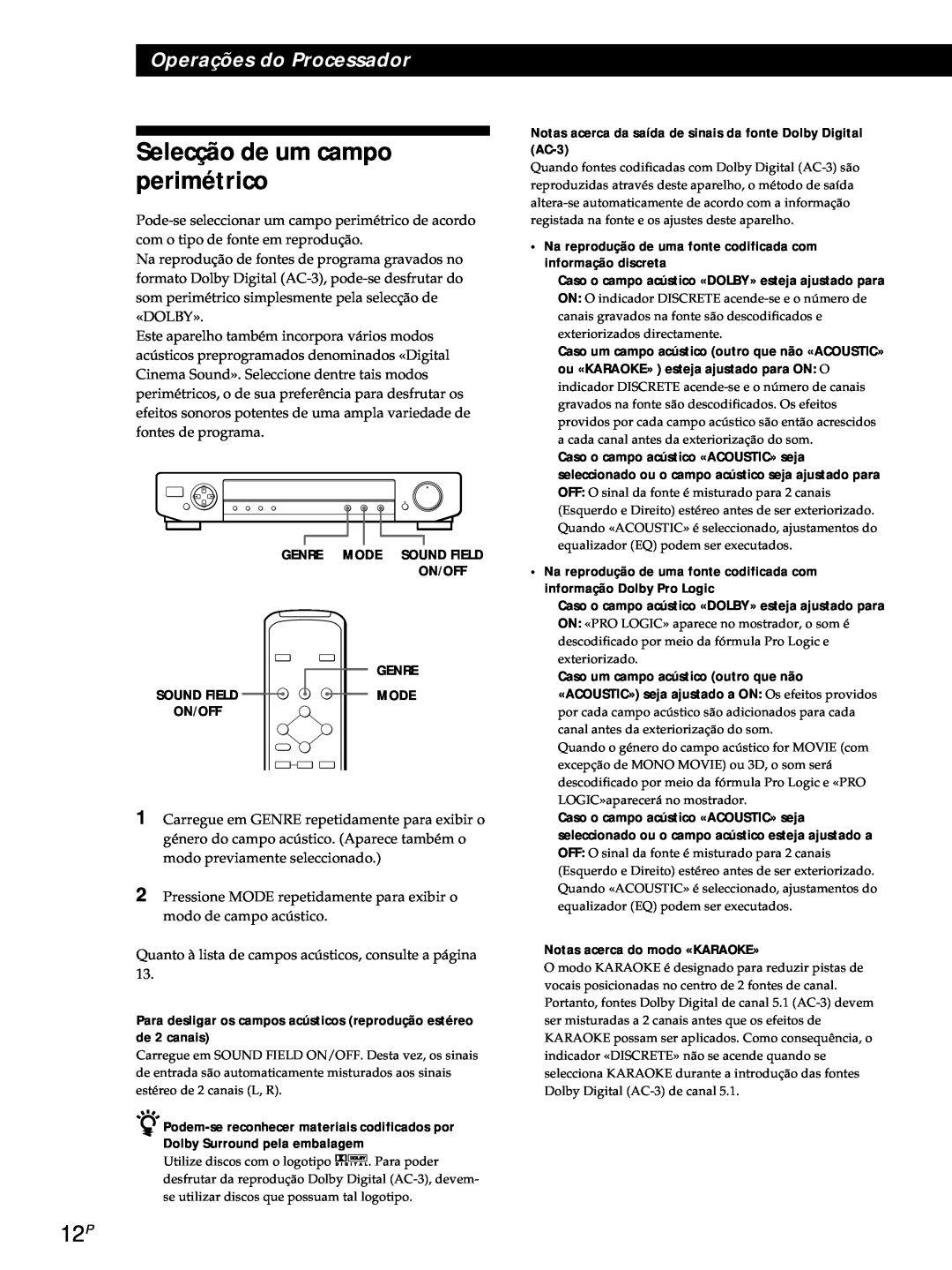 Sony SDP-E800 operating instructions Selecção de um campo perimétrico, Operações do Processador 