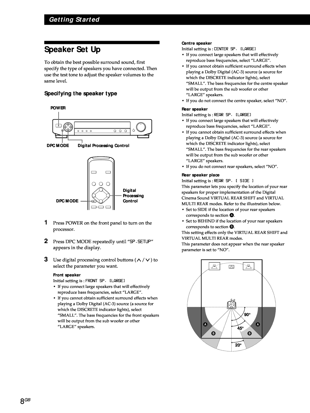 Sony SDP-E800 operating instructions Speaker Set Up, Specifying the speaker type, Getting Started 