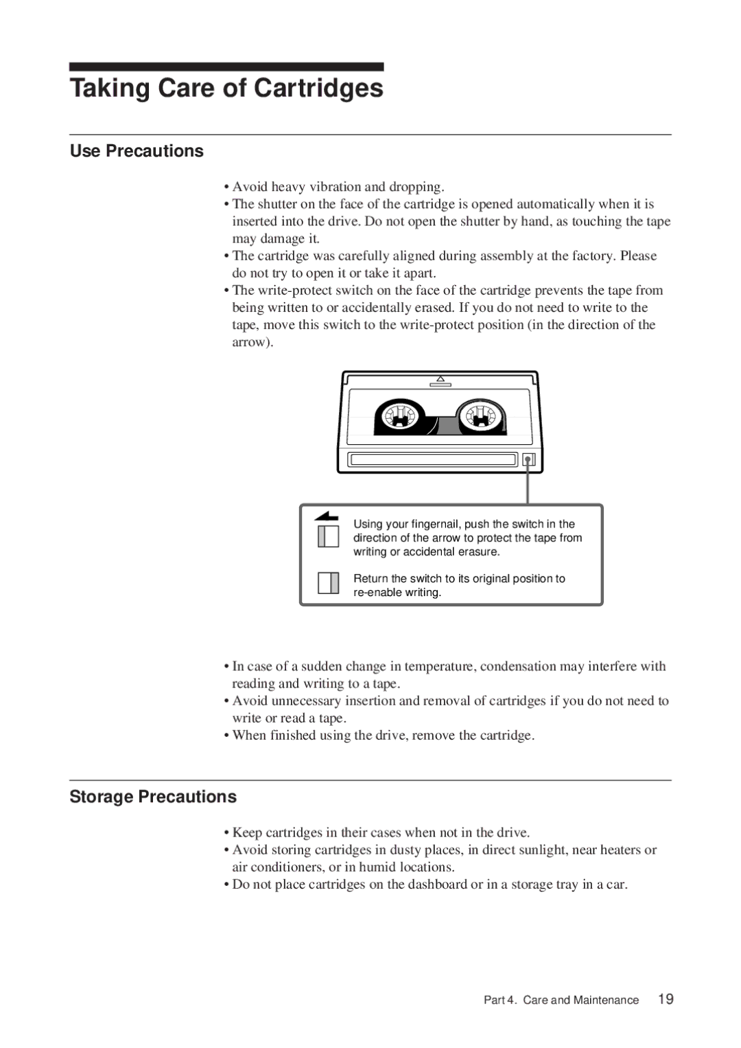 Sony SDT-S9000/BM manual Taking Care of Cartridges, Use Precautions, Storage Precautions 