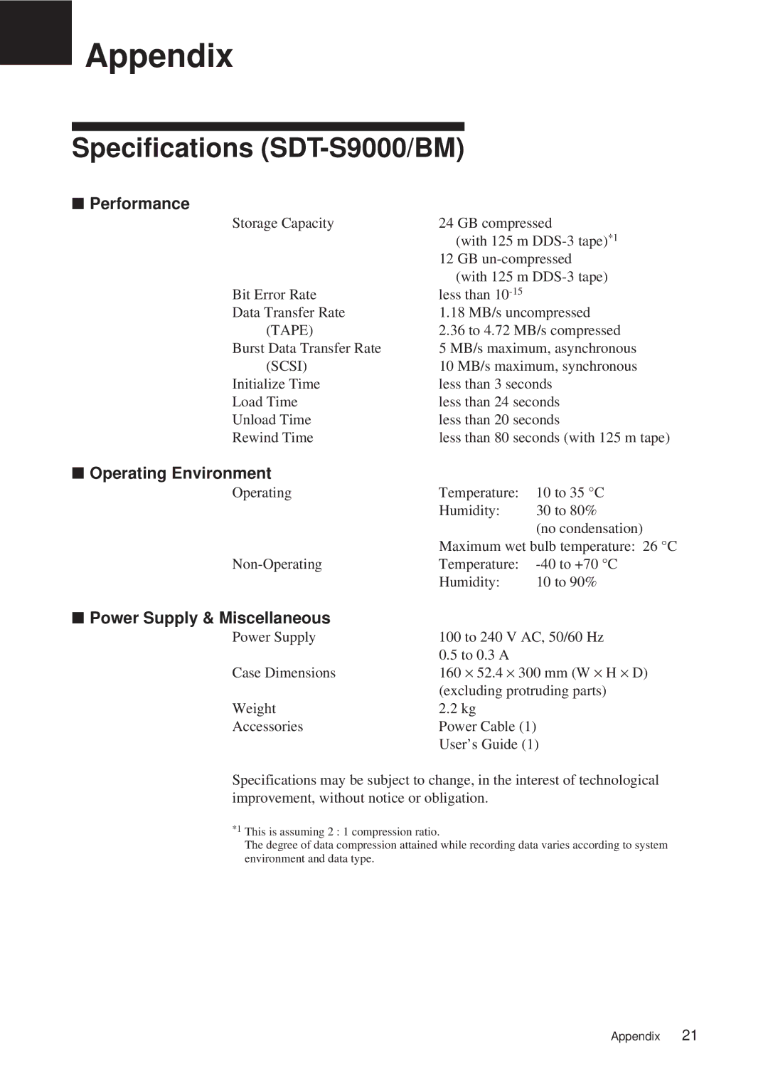 Sony manual Appendix, Specifications SDT-S9000/BM 