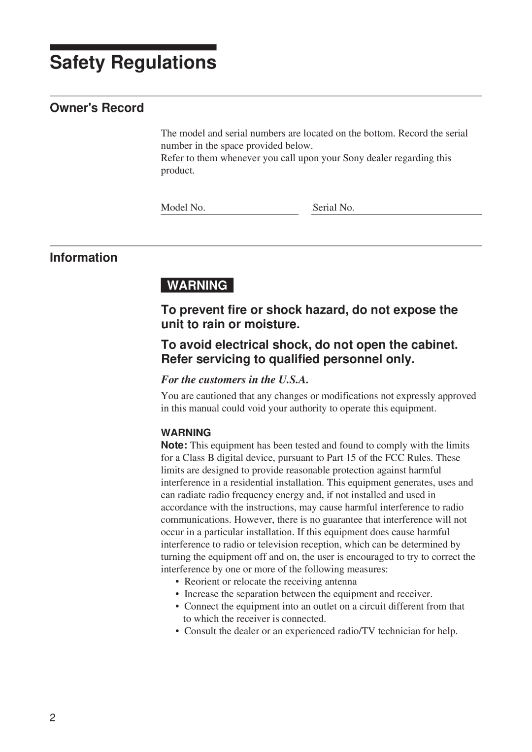 Sony SDT-S9000/BM manual Safety Regulations, Owners Record 