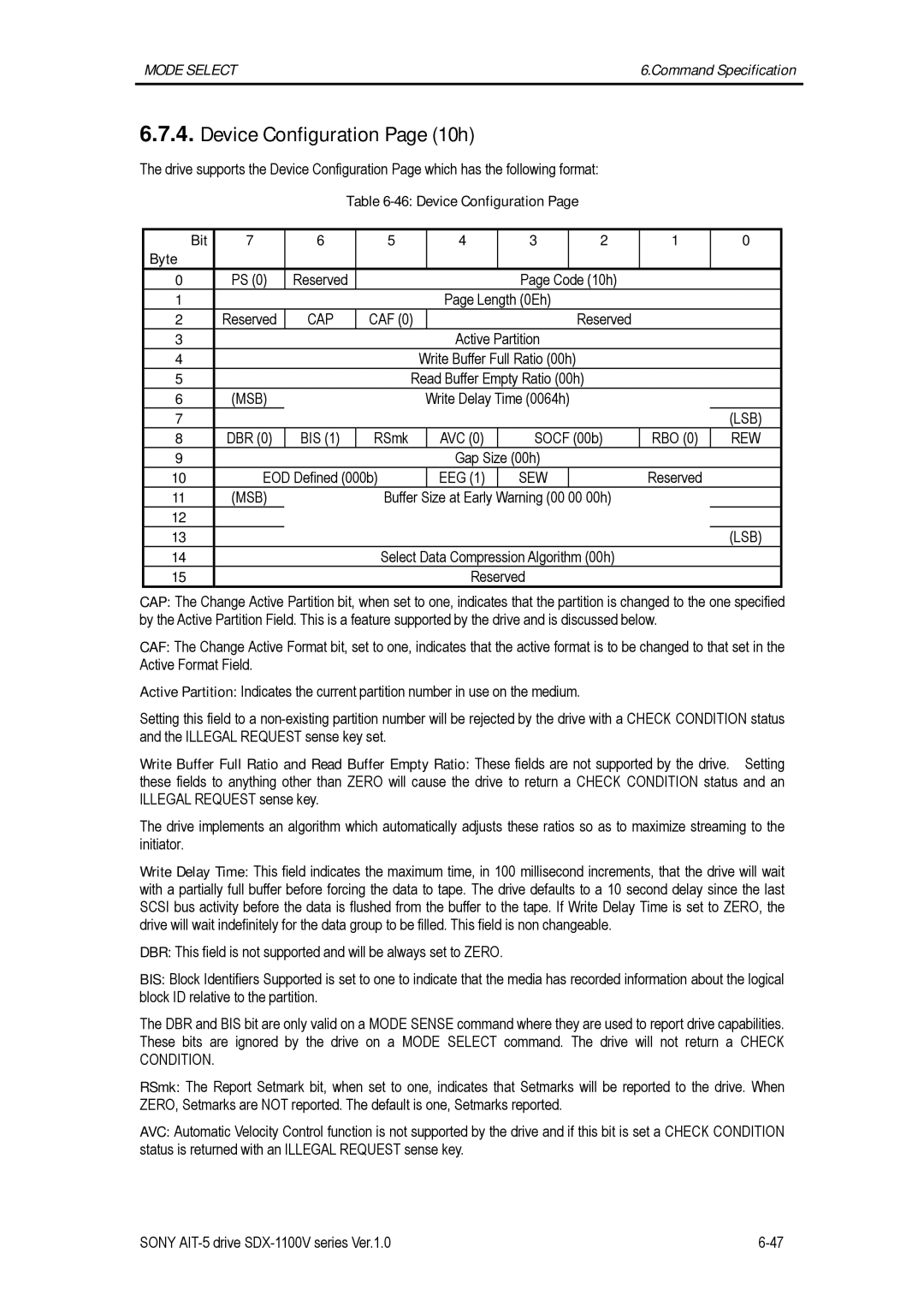 Sony SDX-1100V/R manual Device Configuration Page 10h, Device Configuration Bit Byte, Cap, Rew, Sew 