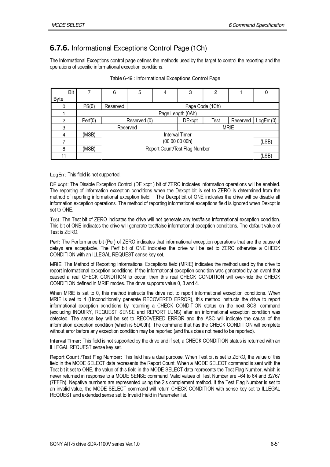 Sony SDX-1100V/R Informational Exceptions Control Page 1Ch, Mrie MSB, Timer 00 00 00 00h, Report Count/Test Flag Number 