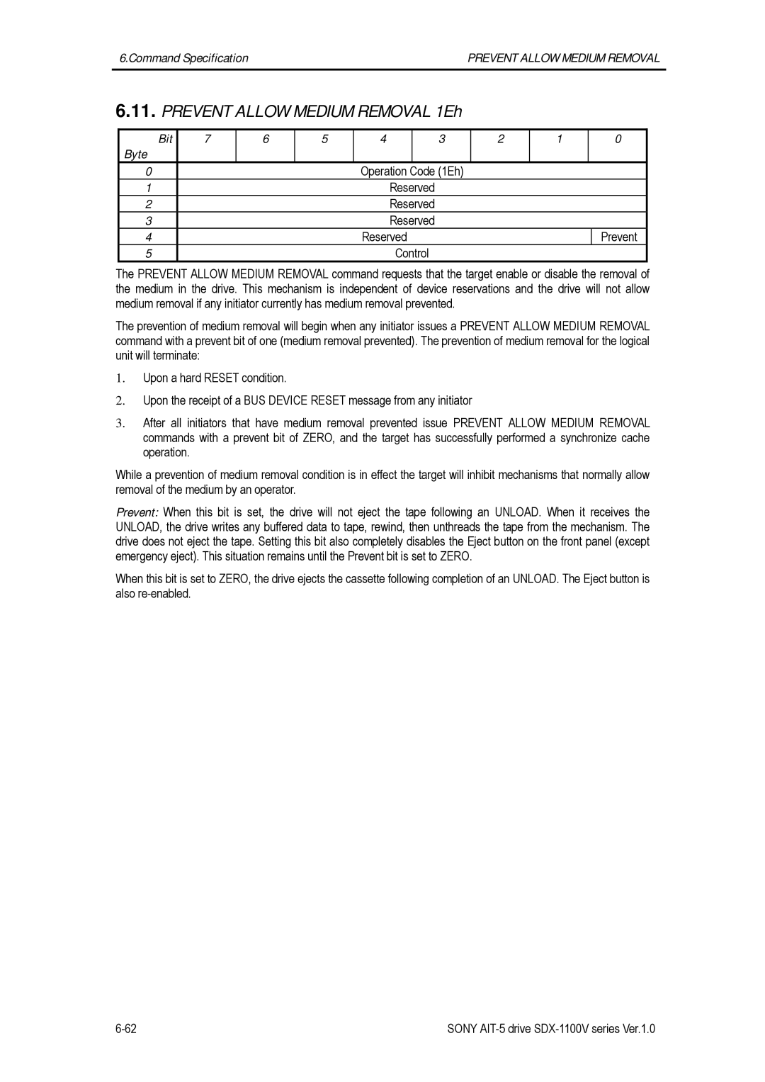 Sony SDX-1100V/R manual Prevent Allow Medium Removal 1Eh, Reserved Prevent Control 