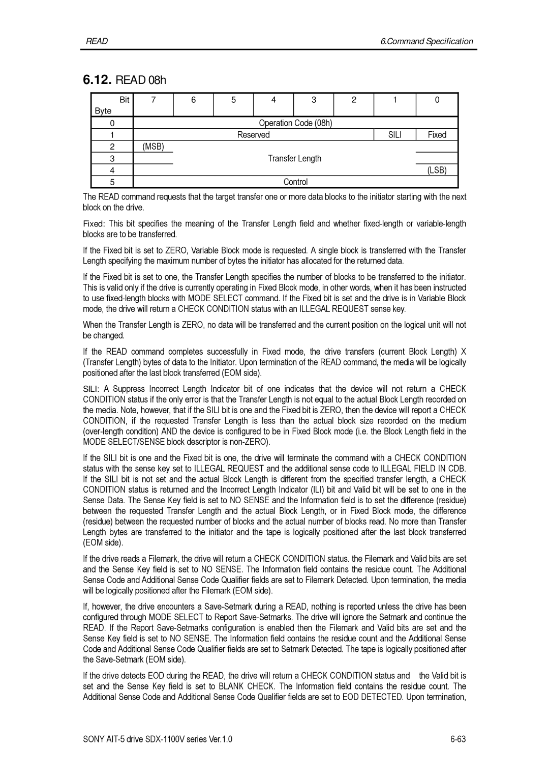 Sony SDX-1100V/R manual Read 08h, Sili, Fixed, Transfer Length 