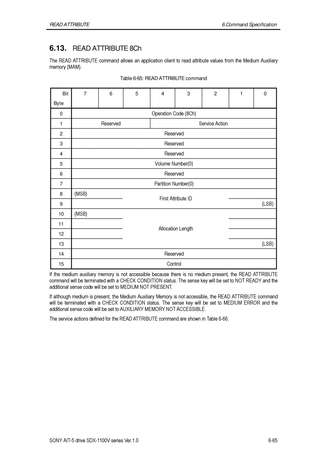 Sony SDX-1100V/R manual Read Attribute 8Ch, Read Attribute command Bit Byte Operation Code 8Ch, First Attribute ID 