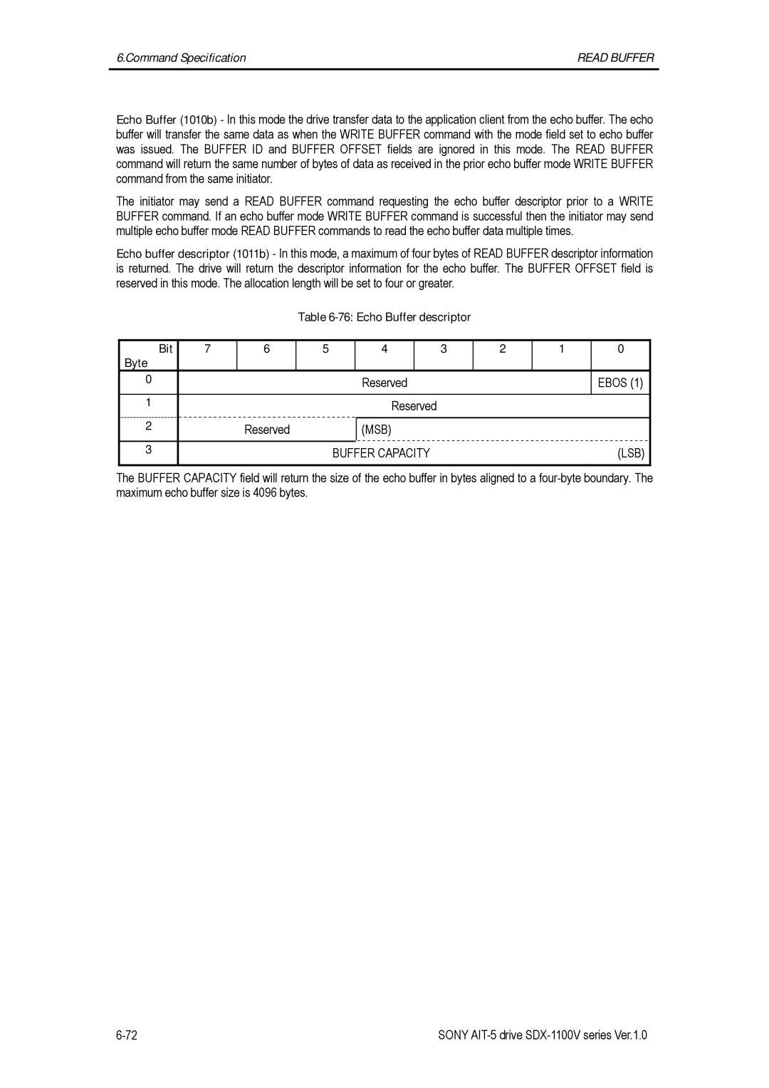 Sony SDX-1100V/R manual Echo Buffer descriptor Bit Byte Reserved Ebos, MSB Buffer Capacity LSB 