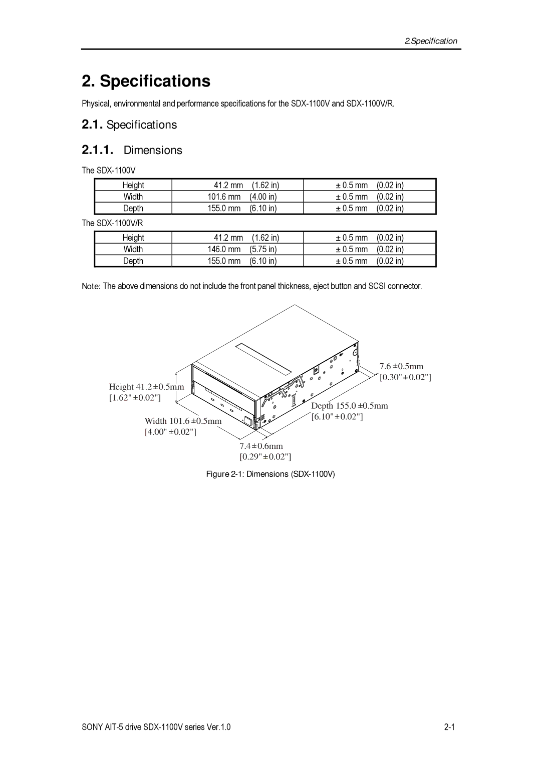 Sony SDX-1100V/R manual Specifications Dimensions 