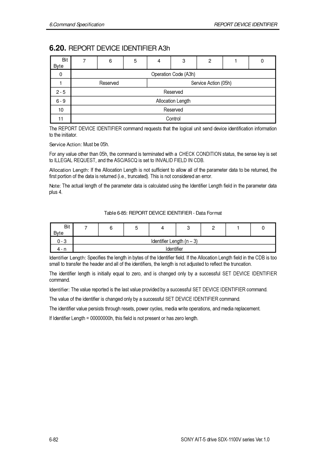 Sony SDX-1100V/R manual Report Device Identifier A3h, Service Action Must be 05h 