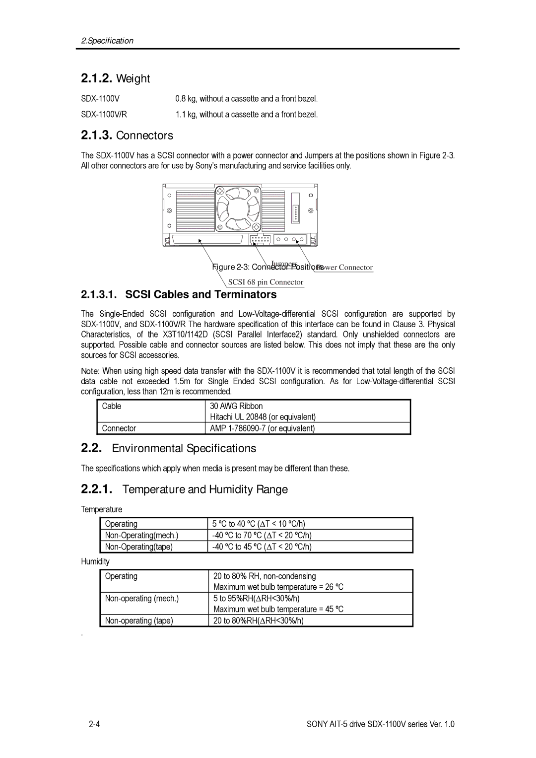 Sony SDX-1100V/R manual Weight, Connectors, Environmental Specifications, Temperature and Humidity Range 