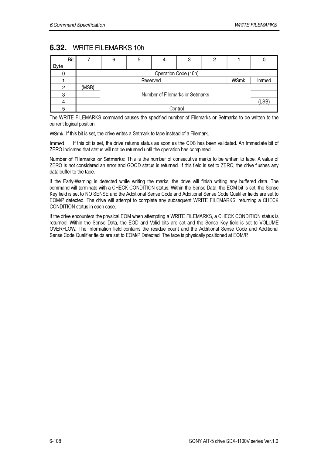 Sony SDX-1100V/R manual Write Filemarks 10h, Reserved WSmk Immed, Number of Filemarks or Setmarks 