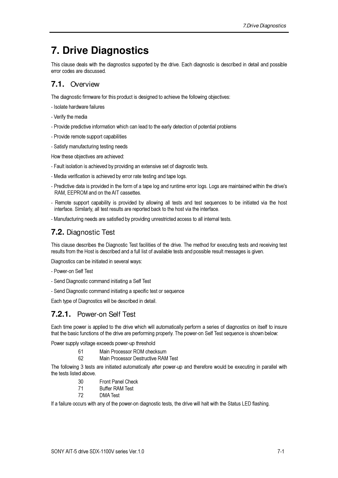 Sony SDX-1100V/R manual Drive Diagnostics, Overview, Diagnostic Test, Power-on Self Test 