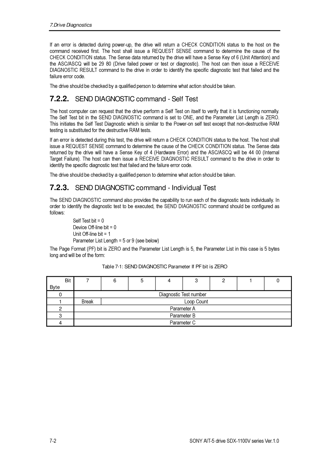 Sony SDX-1100V/R manual Send Diagnostic command Self Test, Send Diagnostic command Individual Test 