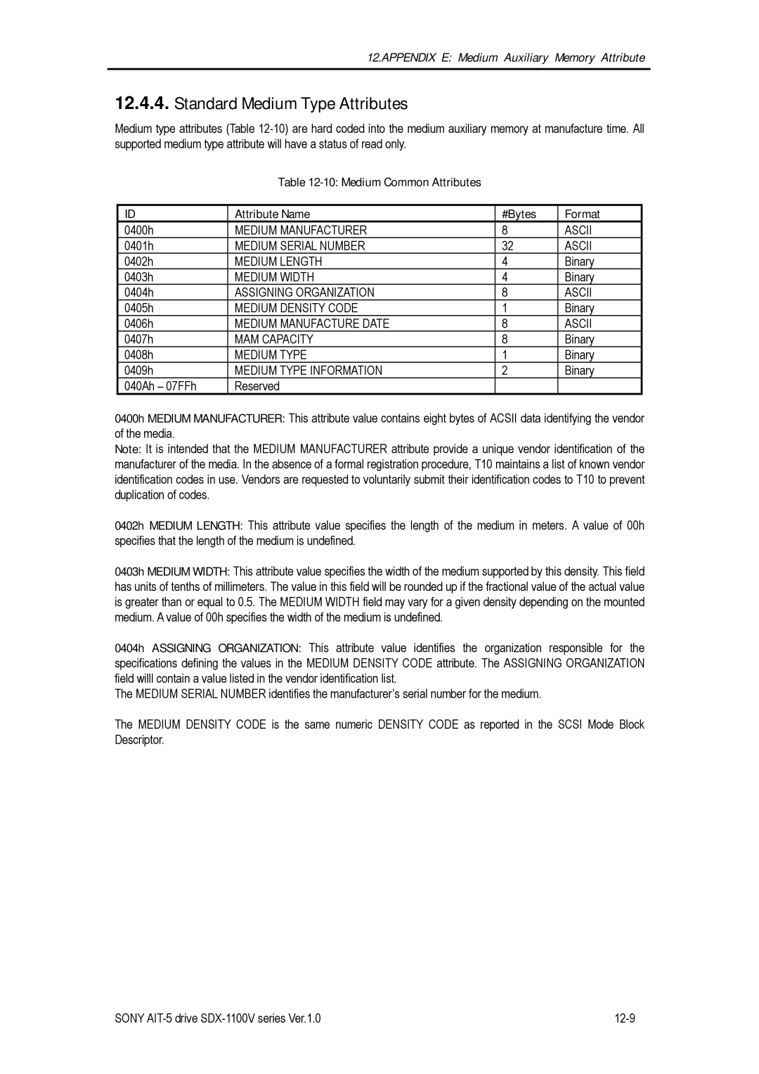 Sony SDX-1100V/R manual Standard Medium Type Attributes, Medium Common Attributes Attribute Name #Bytes Format 