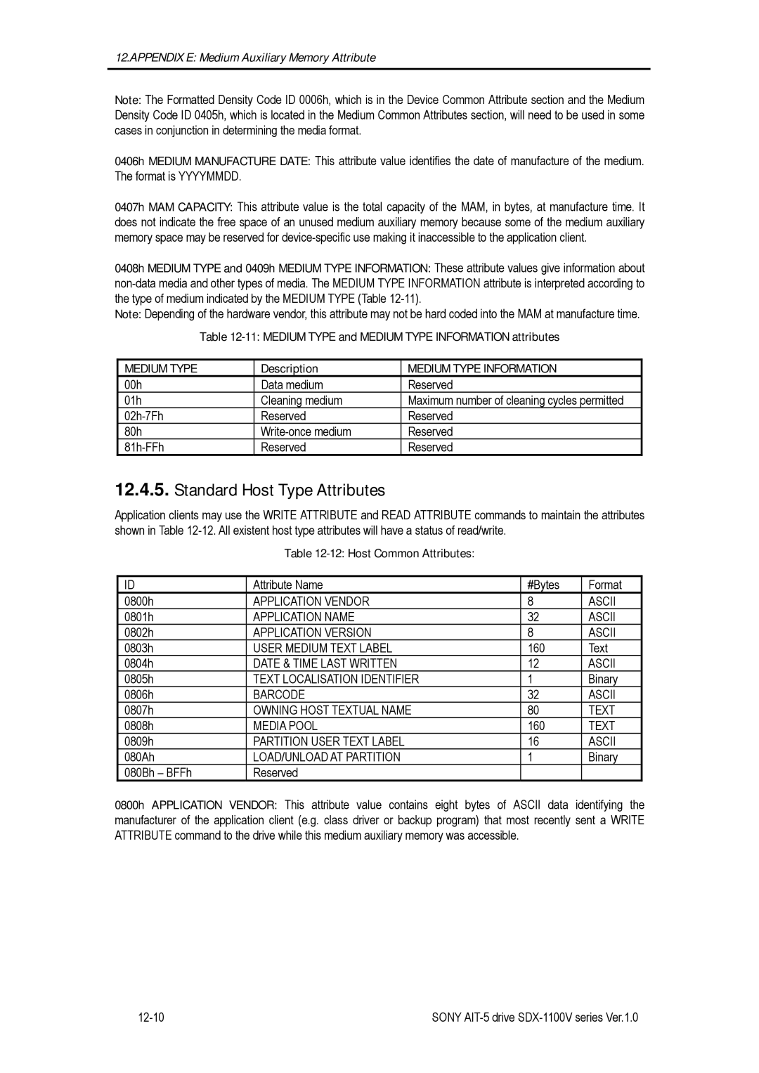 Sony SDX-1100V/R manual Standard Host Type Attributes, Medium Type Information, Host Common Attributes 